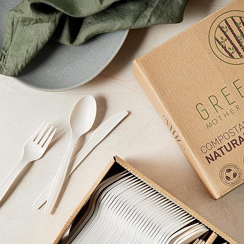 Miniatura 3 de GREENPRINT Juego de cubiertos compostables (paquete de 150) 50 tenedores, 50 cucharas, 50 cuchillos, cubiertos desechables biodegradables,