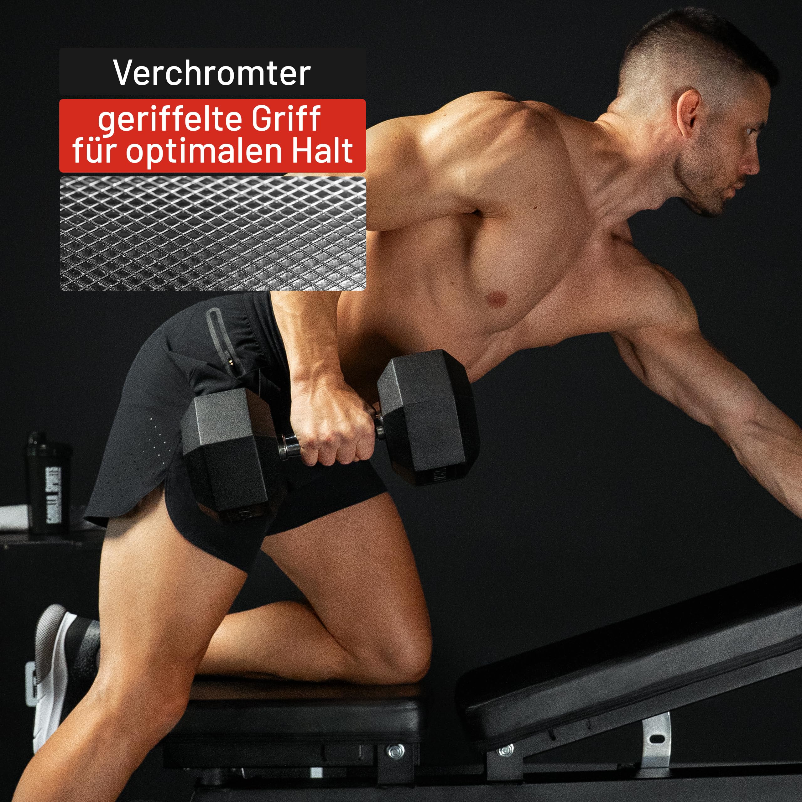 GORILLA SPORTS® Hexagon Kurzhanteln 2–50 kg, gummiert, mit oder ohne Ablage | Schwarze sechseckige Hanteln aus Gusseisen mit gerändeltem Chromgriff, rutschsicher und rollfest; Dumbbell, Krafttraining