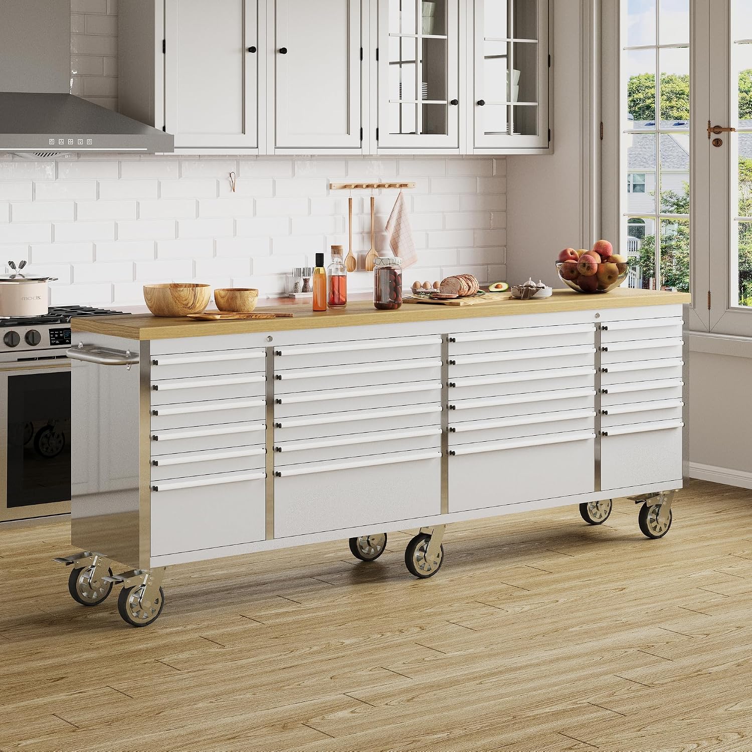 96 Inch Tool Chest with 24 Drawers, Mobile Heavy-Duty Rolling Tool Cabinet with Locking System and Drawer Liners, Industrial Garage Storage Workshop Workbench with Wheels, Include Keys