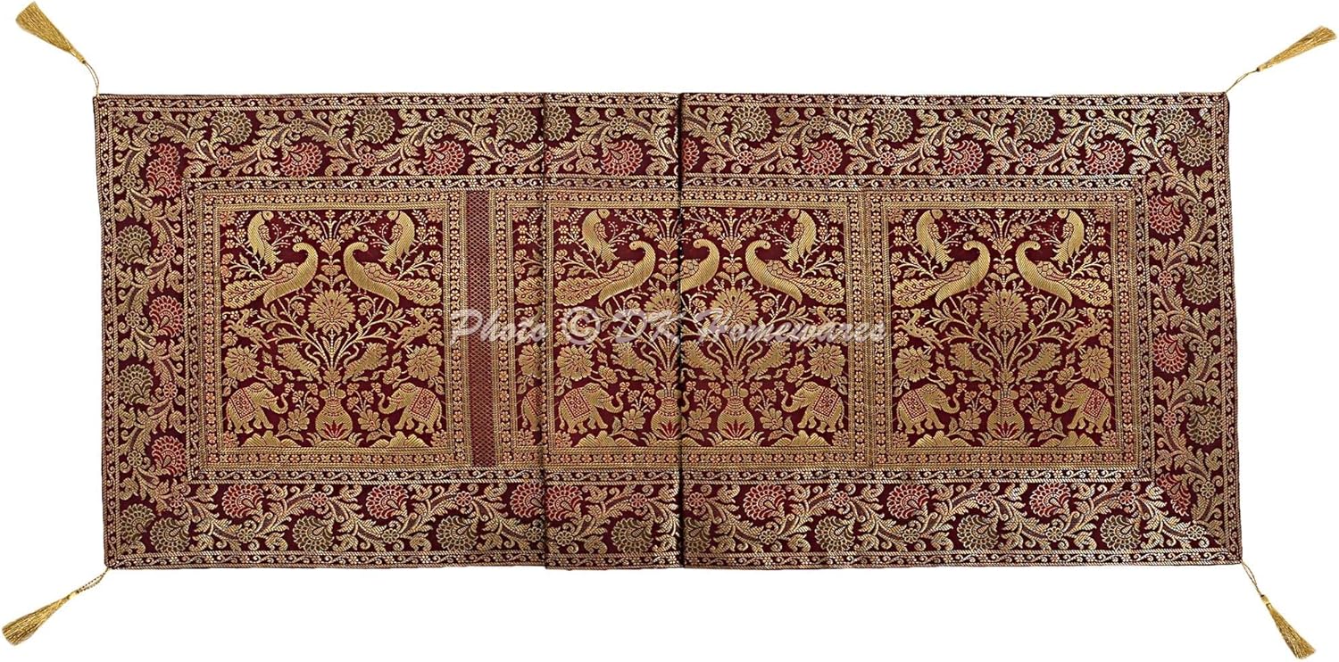 Ethnic Wedding Elephant Tassel Work Table Runner Maroon Gold Brocade Satin 150 X 40 Cm Kitchen Decoration 5 Ft Centerpiece (60 X 16 Inches)