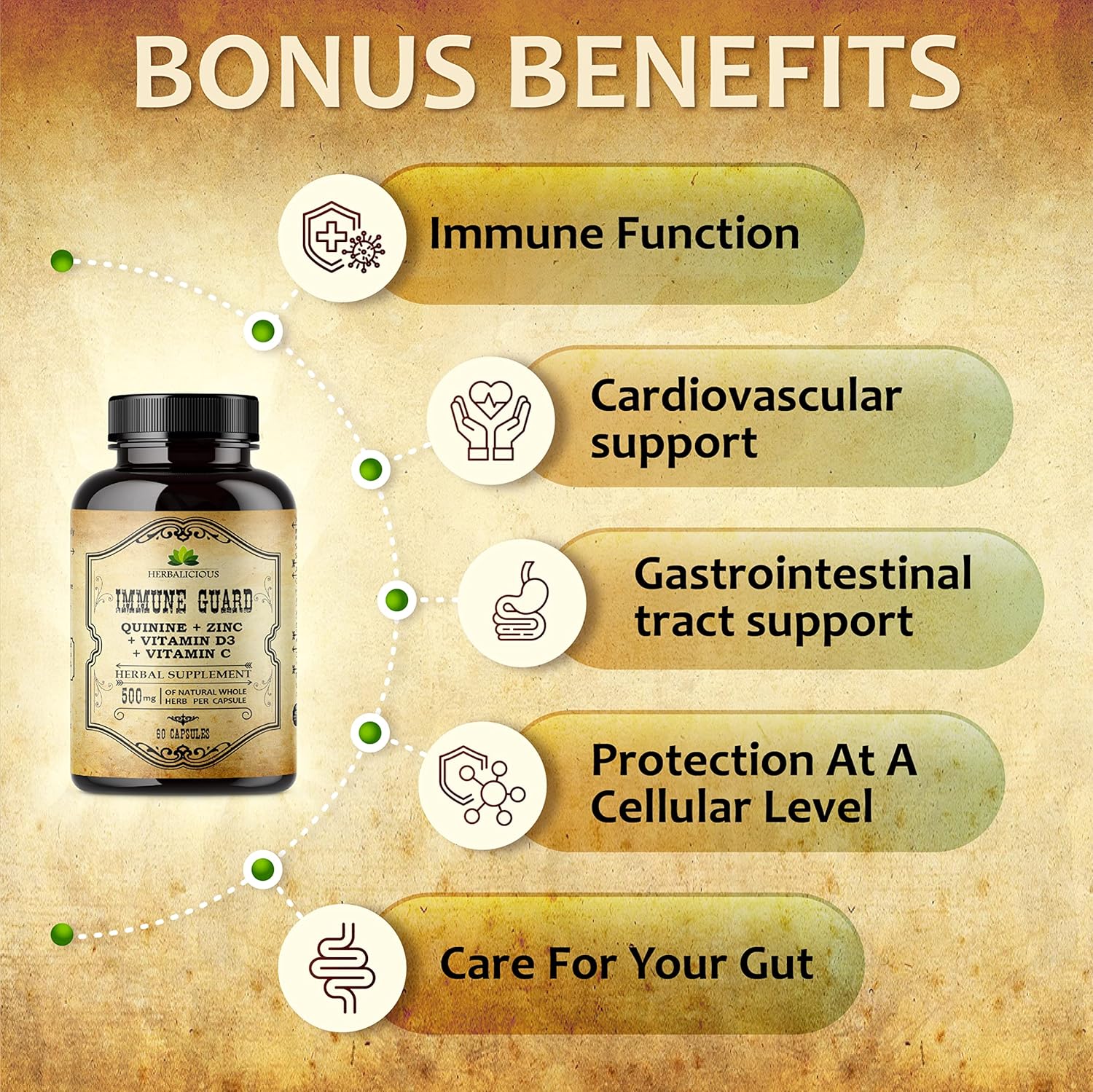 HERBALICIOUS Quinine Immune Guard - Quinine Capsules Supplement with Vitamin C, D3, Zinc - for Muscle Cramps Relief & Stomach Wellness - Non-GMO Cinchona Bark Herbal Supplements - 500mg, 60 Capsules - Image 4