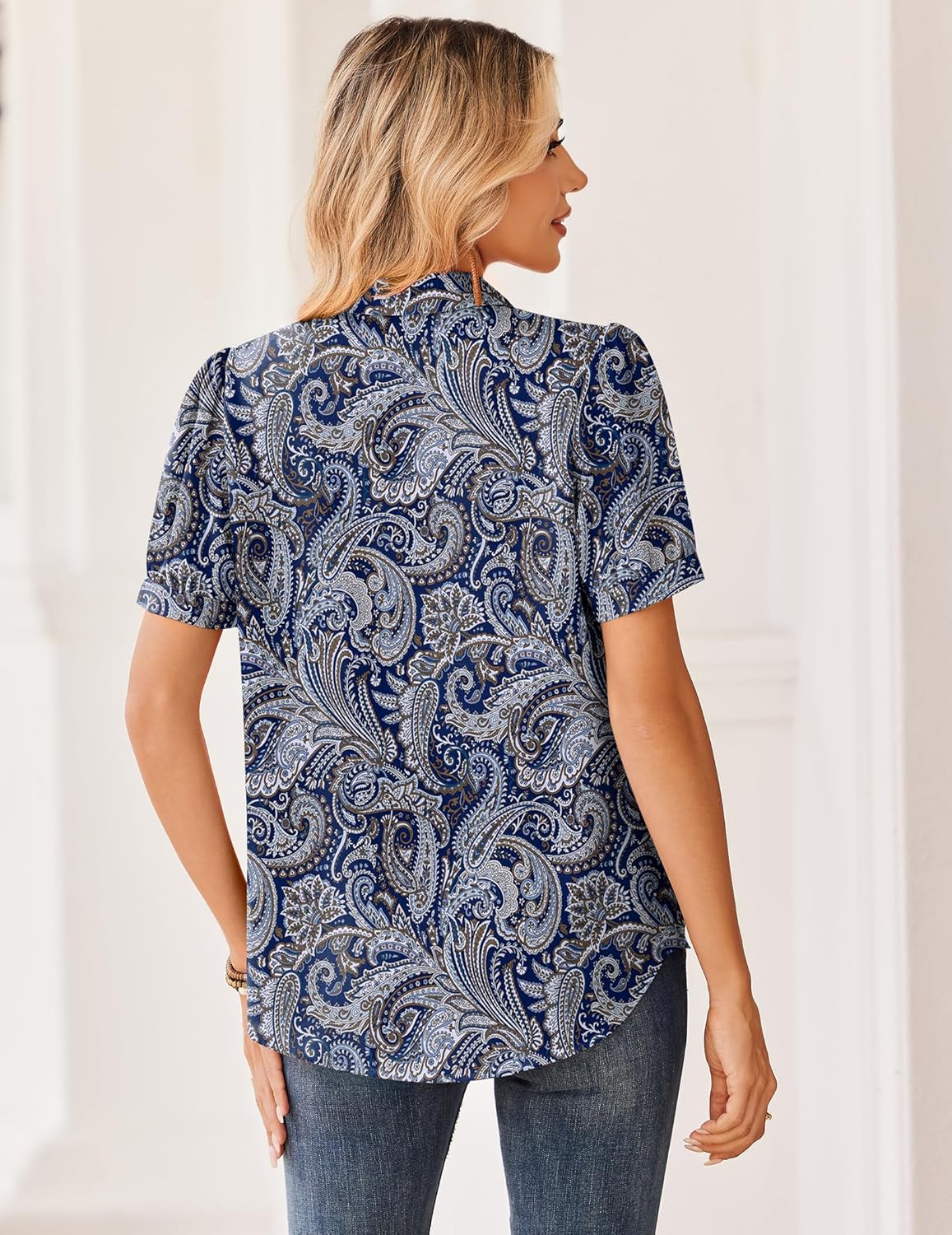 Zeagoo Women Button Down Shirts Puff Short Sleeve Blouses Chiffon Tops Business Casual Outfits Summer Clothes - Image 5