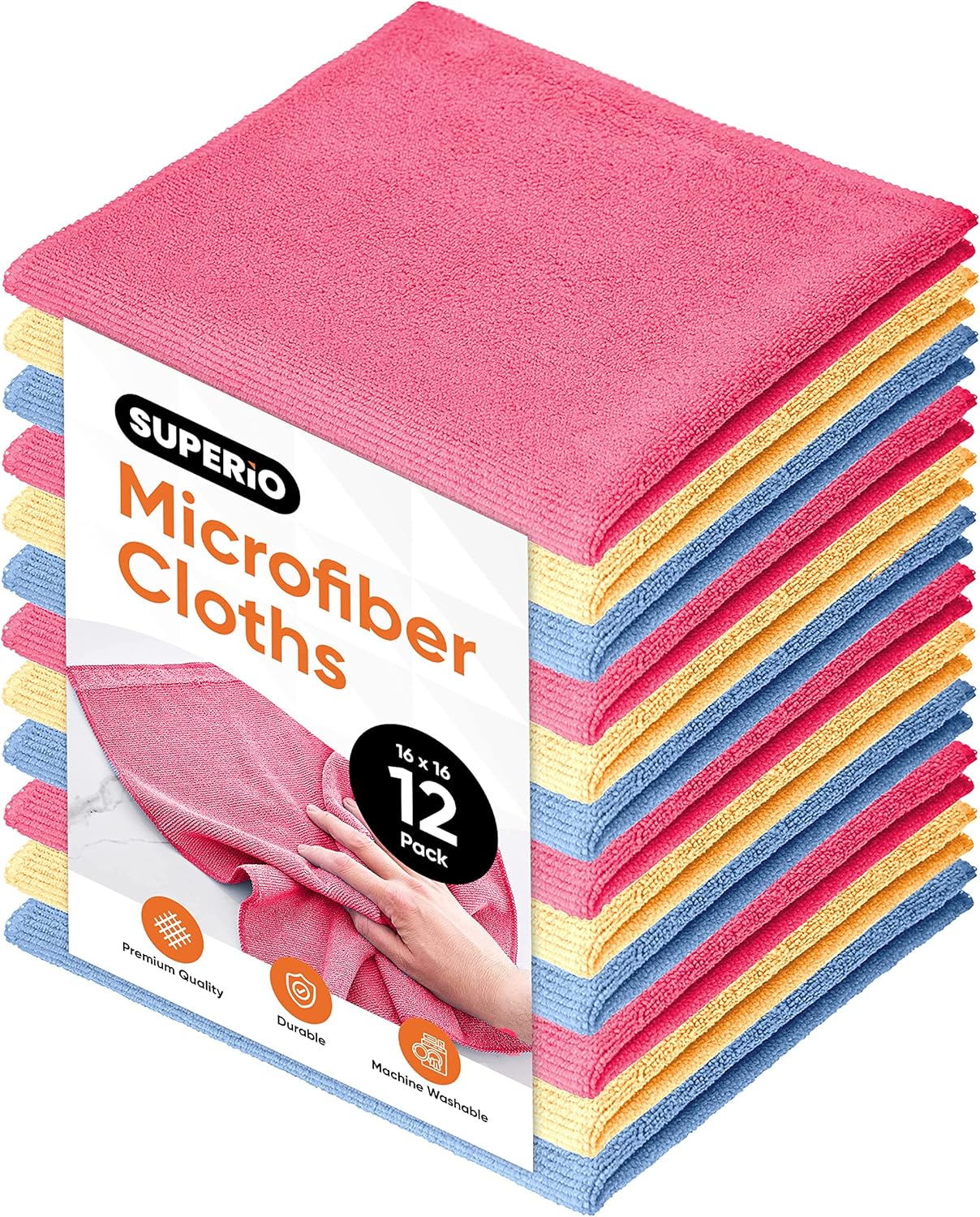 Superio Microfiber Cleaning Cloth 16"x16" Highly Absorbent Cleaning Rags for House, Kitchen, Bathroom,Car 12 Pack Multi Color Coded Multi-Purpose Streak-Free lint-Free Towels
