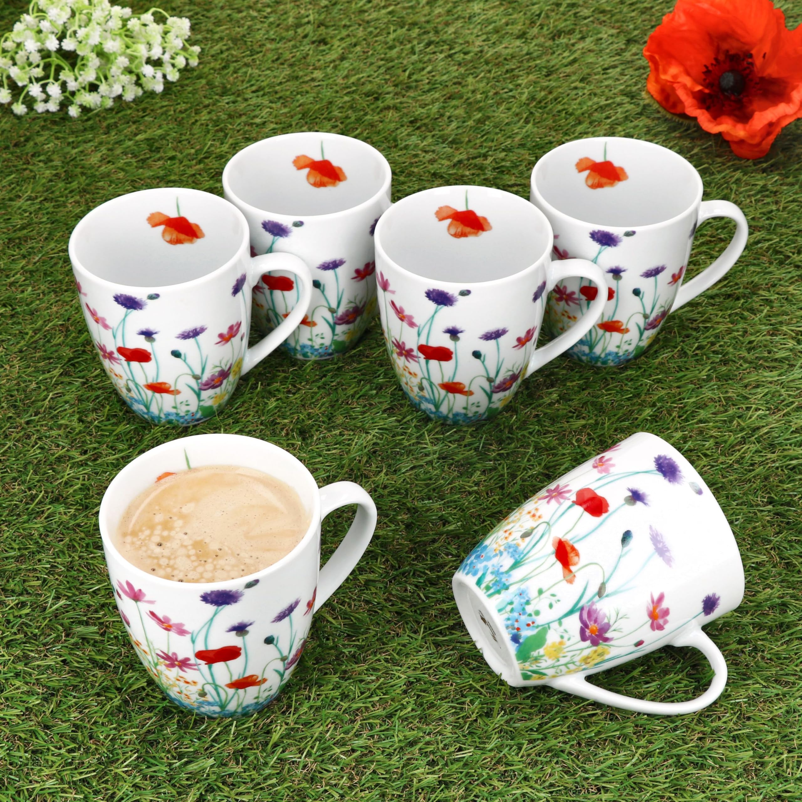 MamboCat Marie Lot de 6 tasses à café, 320 ml, en porcelaine, avec anse et prairie fleurie pour 6 personnes, pour boissons chaudes comme le thé, le cacao, etc