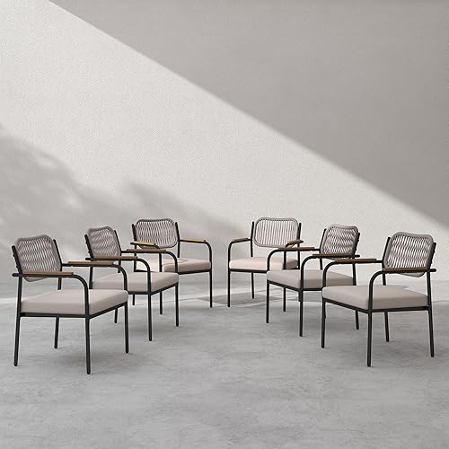 Juego de 6 sillas de comedor al aire libre, sillas de comedor de mimbre para patio con cojines extraíbles, silla de mesa rectangular para patio,