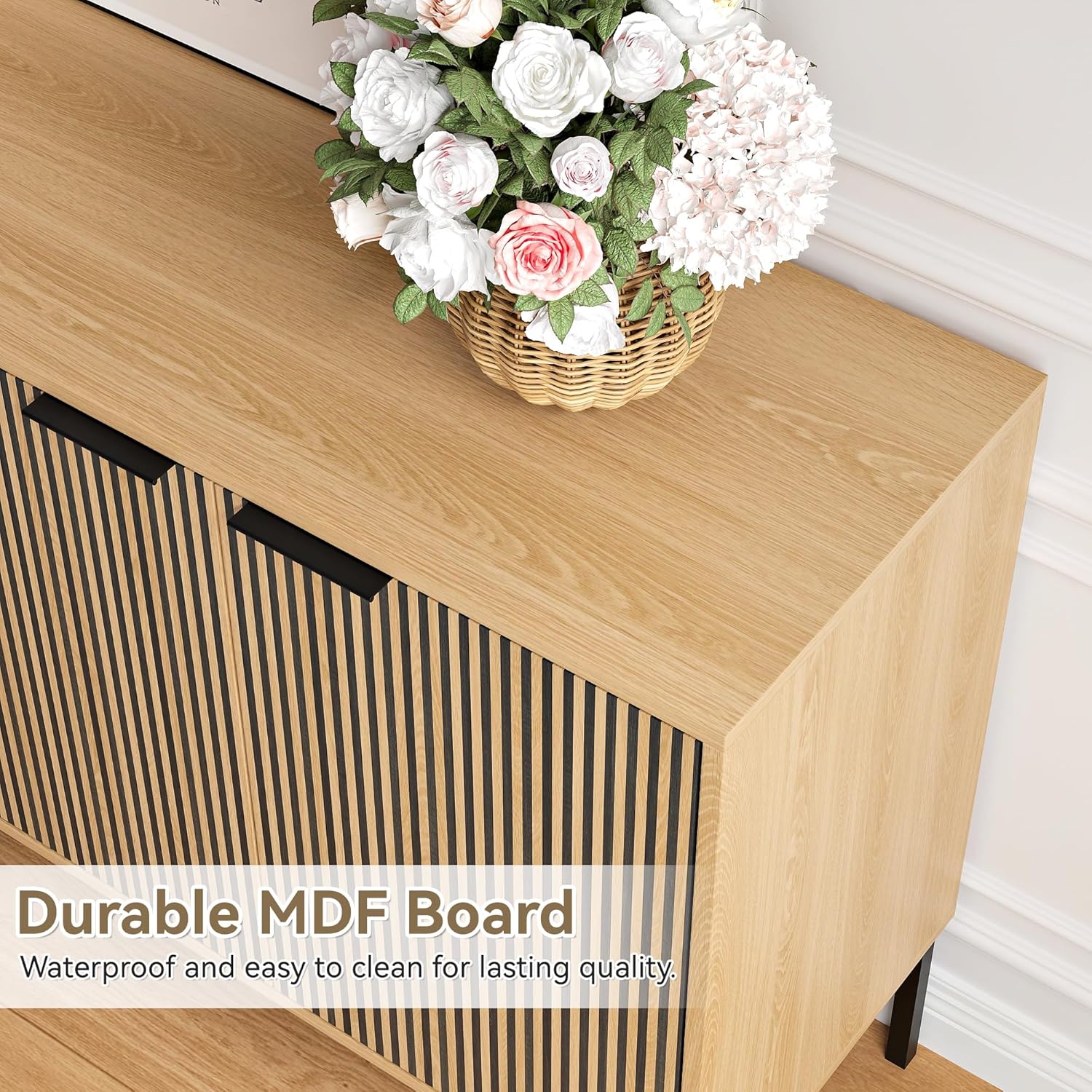 63" Sideboard Cabinet, Modern Buffet Cabinet with Doors & Adjustable Shelf, Wood Credenza Coffee Bar Storage Console Table for Kitchen, Dining Room, Living Room, Entryway, Natural