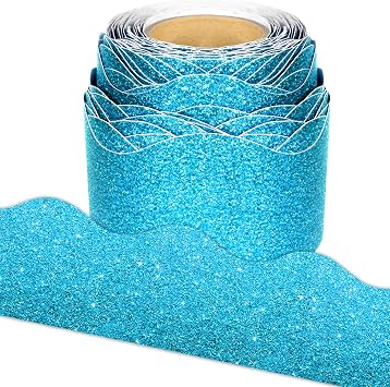 65.6Ft Light Blue Glitter Bulletin Board Border, Shiny Scalloped Bulletin Board Borders for Home Office School Classroom Chalkboard Wall Window Decor