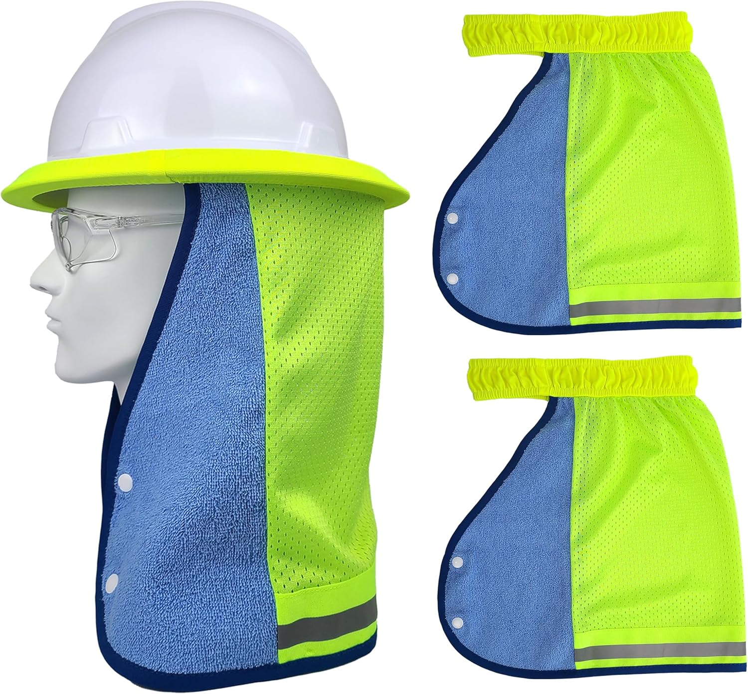 [HW GLOBAL] Hard Hat Sun Shade with Built-in Sweat Towel (2 Pack), Fit for Full Brim & Standard Cap Safety Helmets, Neck Shield with Windproof Buttons & High Visibility Reflective Strip