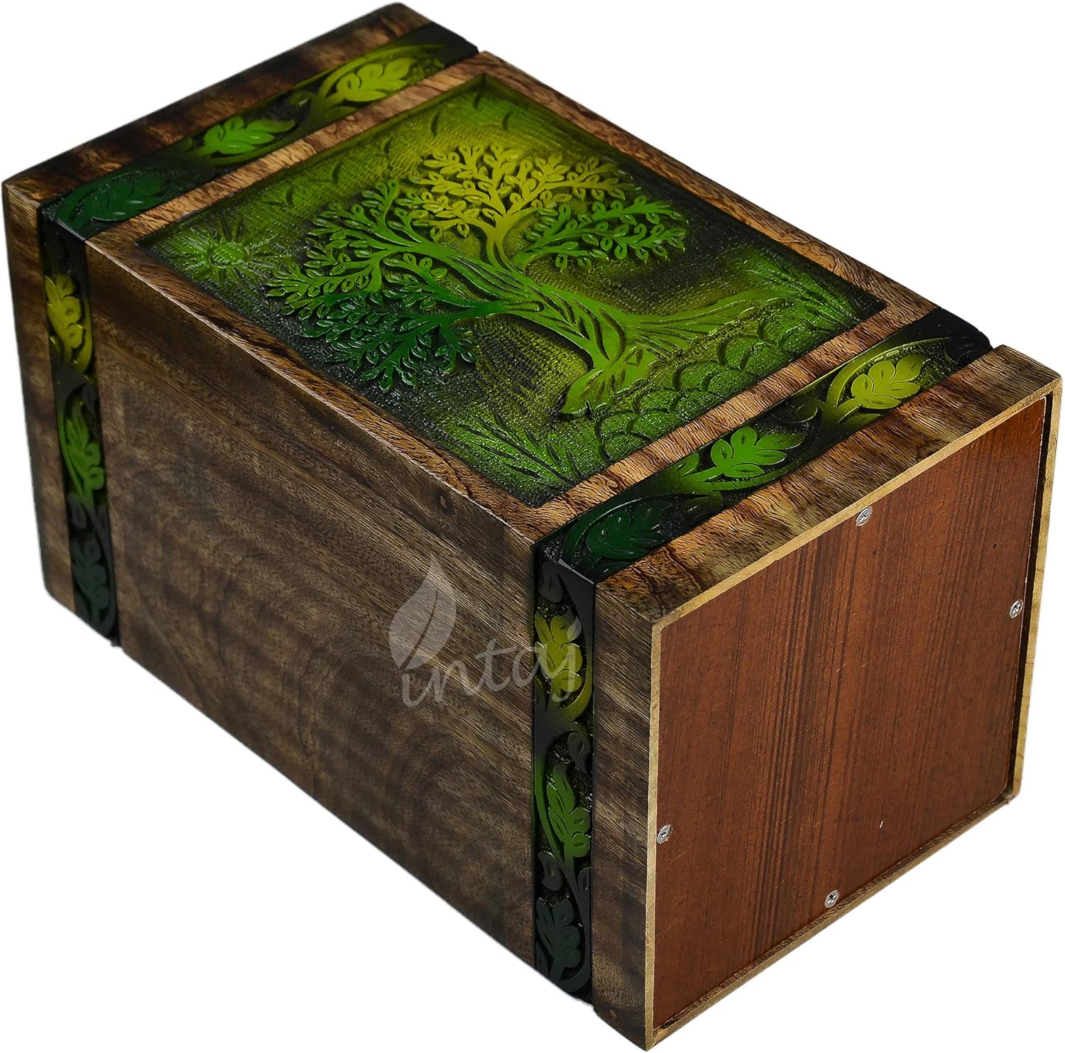 INTAJ Handmade Rosewood Urn for Human Ashes | Tree of Life Wooden Urns Hand-Crafted - Funeral Cremation Urn for Ashes (Green Blaze, Keepsake - 100 Cu/in)