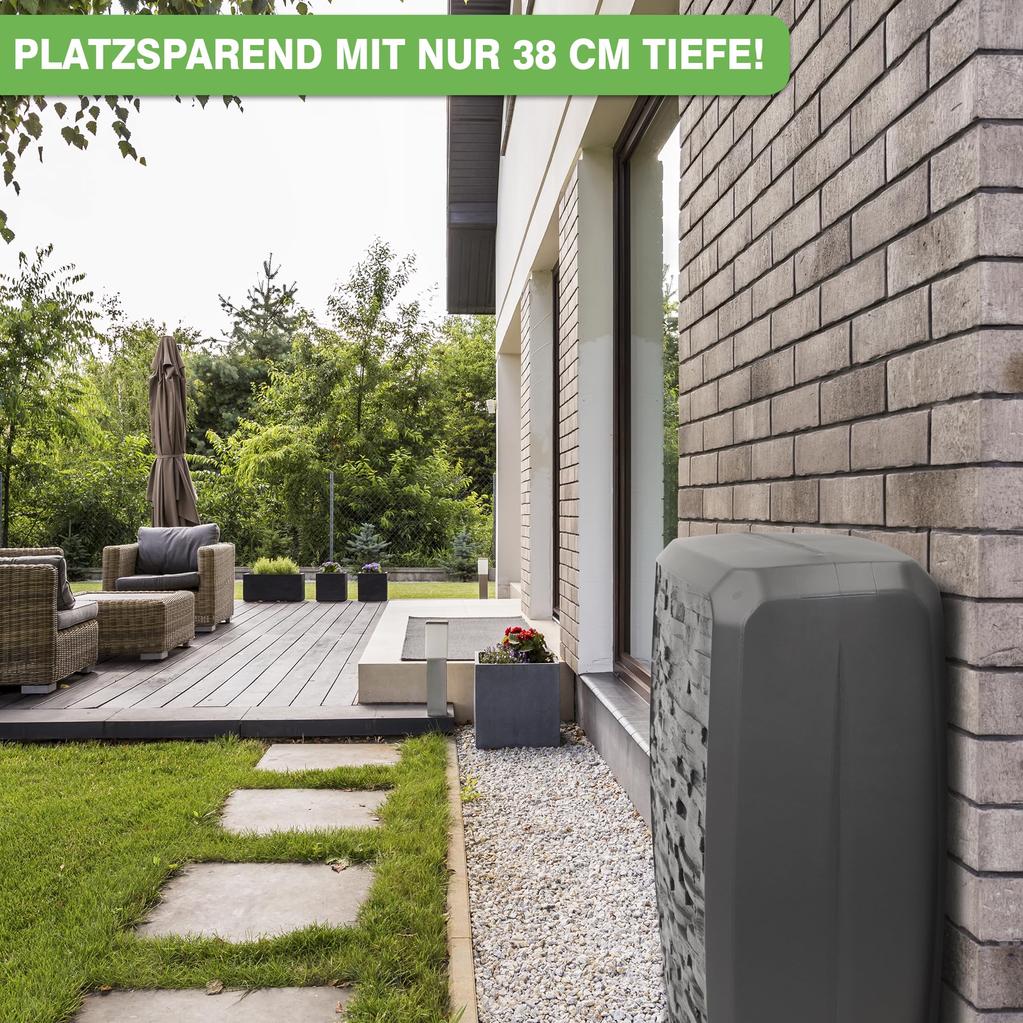 YourCasa Regentonne 250 Liter [TwinView] Eckig und Schmal - Regenfass Frostsicher aus Kunststoff - Regenwassertonne - Regenwassertank Garten Wassertank Regensammler Wandtank Wasserfass (Anthrazit)