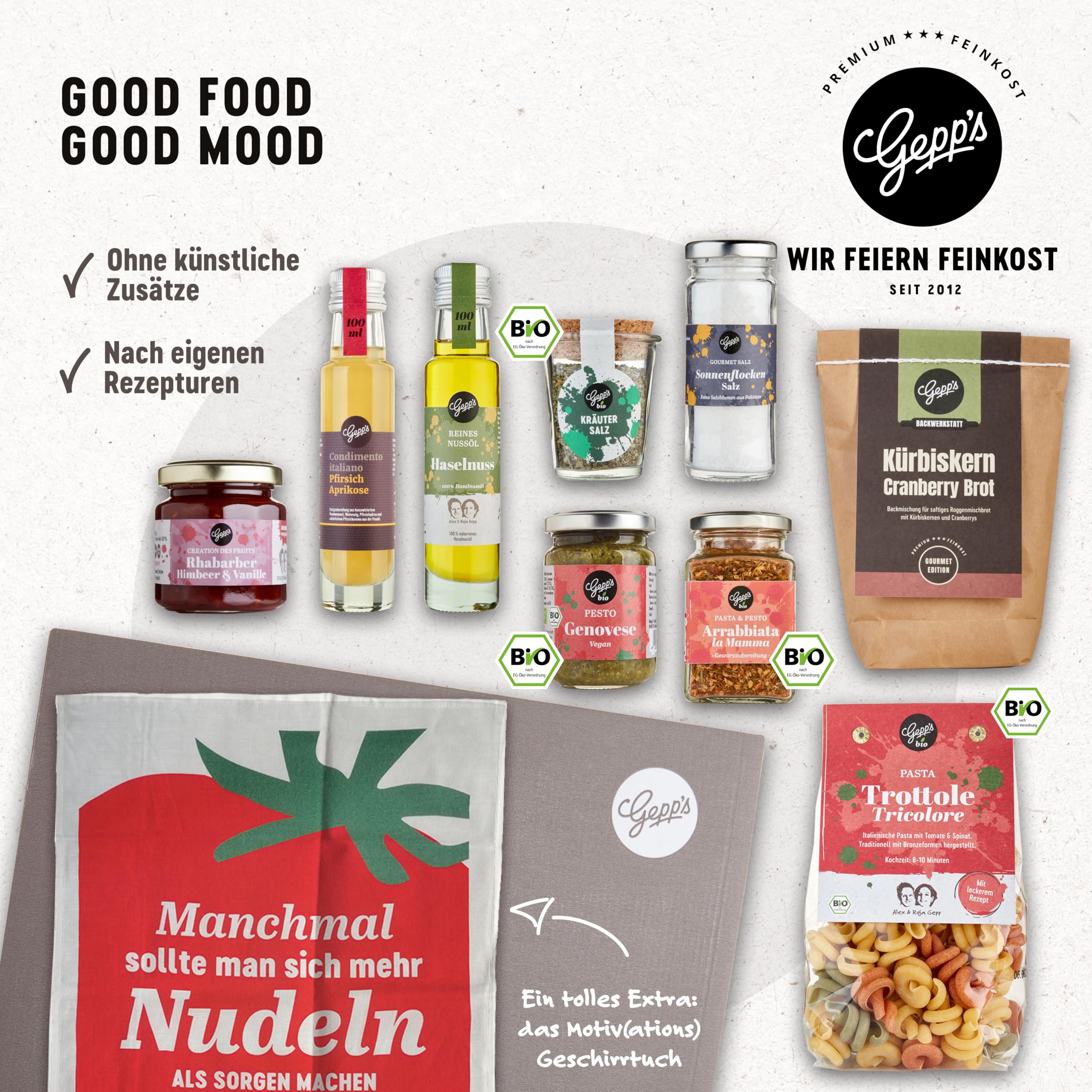 Gepp's Delicatessen Gift Basket with Many Delicacies and Tea Towel, Gift Set with Gourmet Pesto, Pasta Spice, Bread Baking Mix, Organic Olive Oil & Herb Salt, Gift Basket - 3
