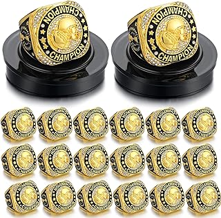 Highergo 20 Pcs Football Basketball Softball Championship Rings with Display Neck Chain and Stand