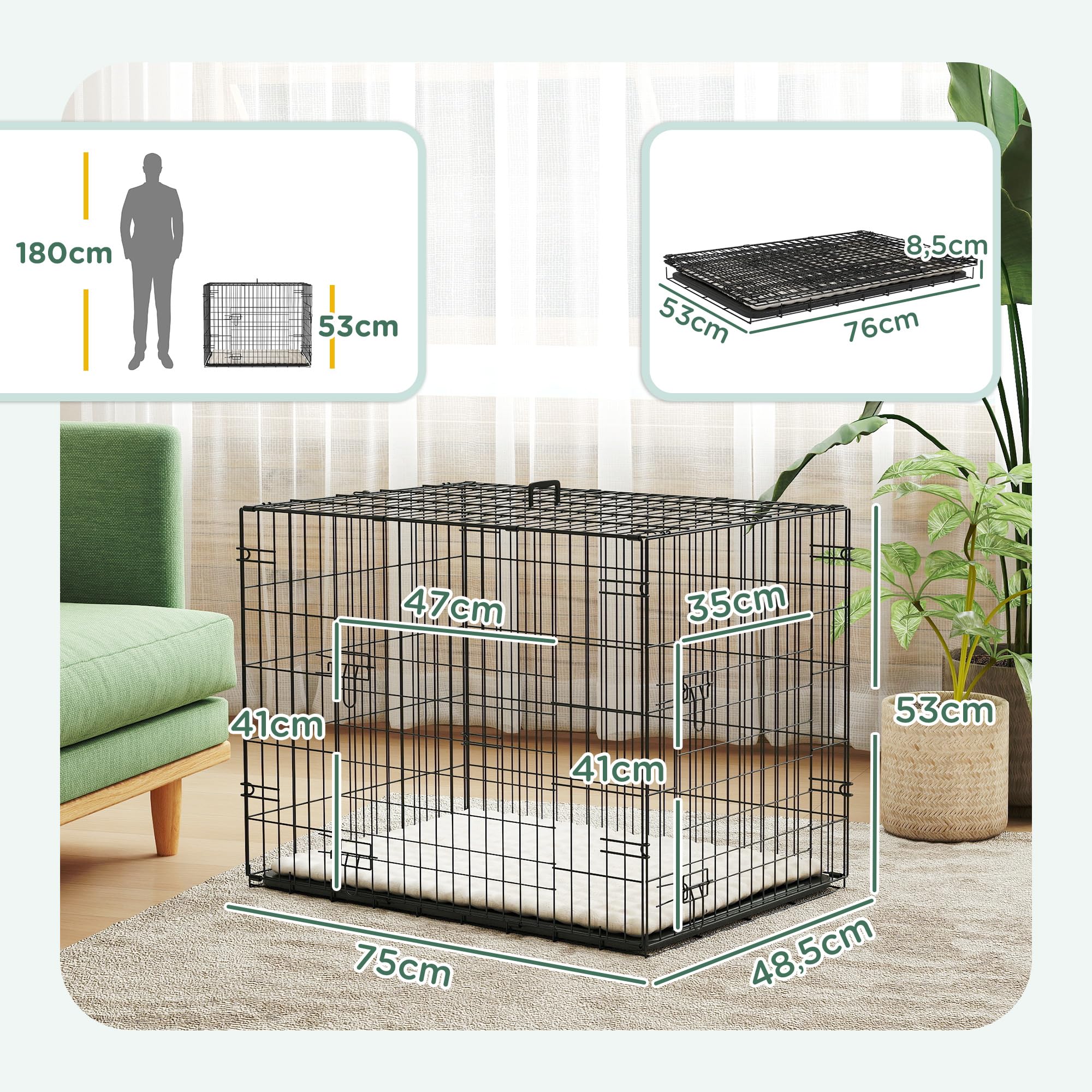 PawHut Jaula para Perros Plegable, Jaula para Perros Pequeños con Cojín, 2 Puertas, Bandeja Extraíble y Marco de Alambre Metálico, 75x48,5x53 cm, Negro y Beige