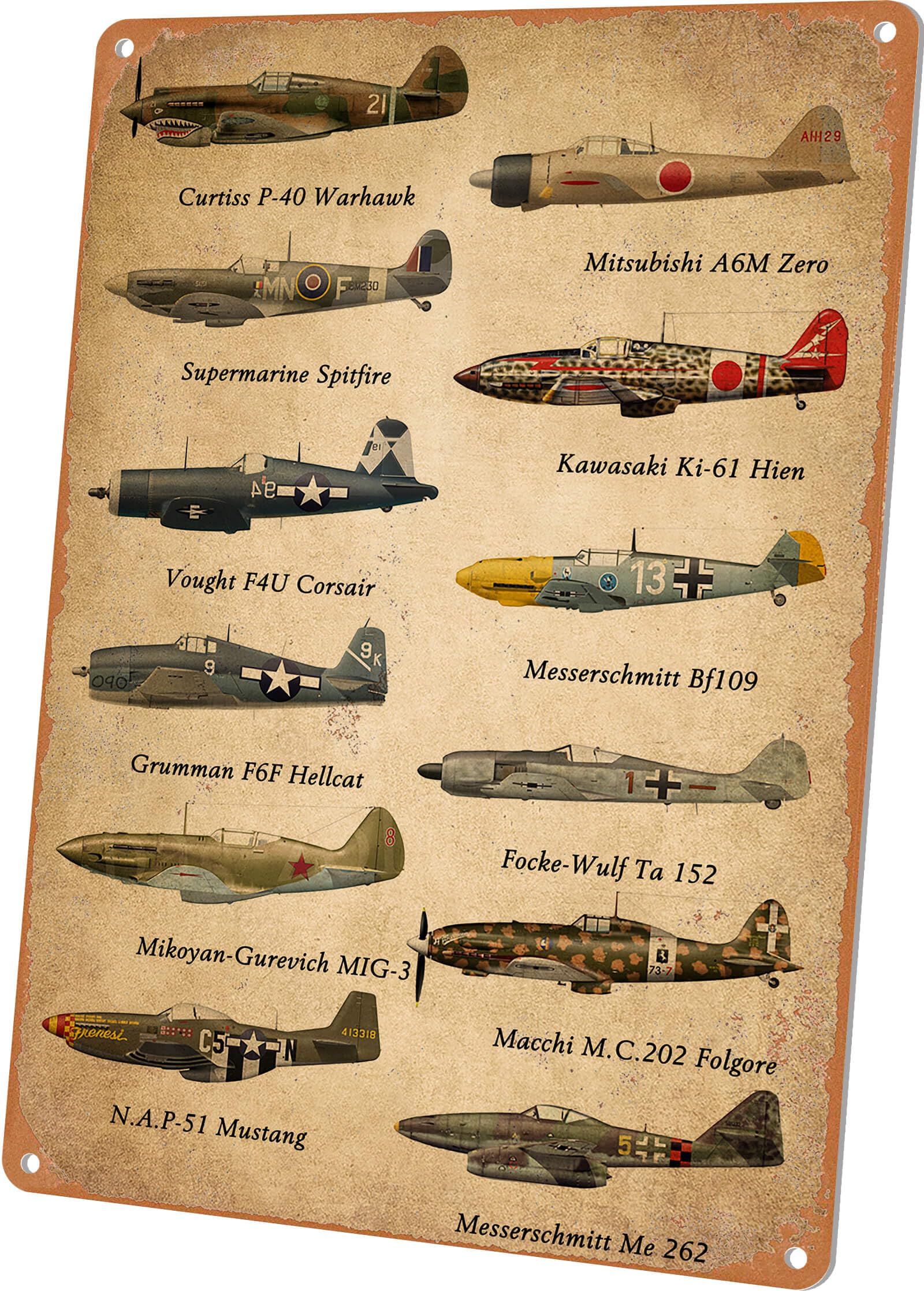 Wallors Vintage Aviation Airplane Decor WW2 Fighter Planes Metal Tin Sign Boys Room Wall Art Decor Military Fan Gifts Man Cave Garage Army Poster 8X12 Inches
