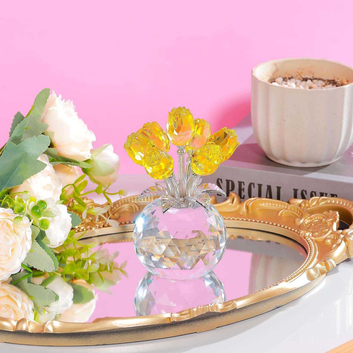 Yellow Rose Flower Crystal Figurine with Vase, Bouquet Flowers Ornament Gifts for Wife Girlfriend Women , Handmade Crystal Flower Collectible Home Table Decor ​for Valentine's Day Wedding Anniversary