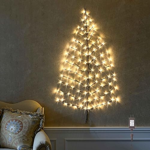 Hairui Árbol de pared marrón iluminado de 4 pies, 108 luces LED blancas cálidas para el hogar, chimenea, decoración de Navidad, interior y exterior