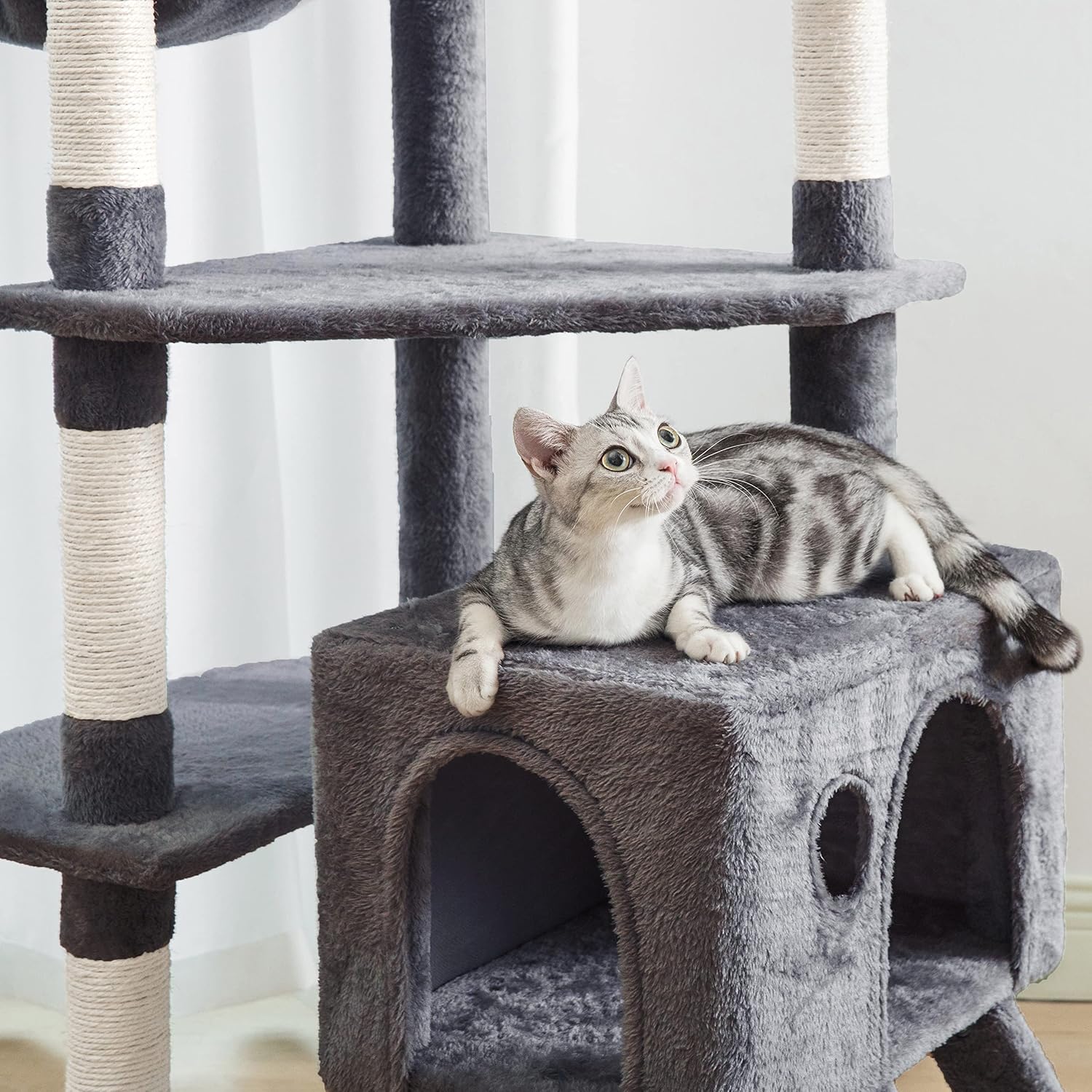 Pesofer 50.8 Inches Cat Tree Cat Tower with A Deep Basket Supported by Two Poles, A Large Top Perch for Cats Dark Gray : Pet Supplies