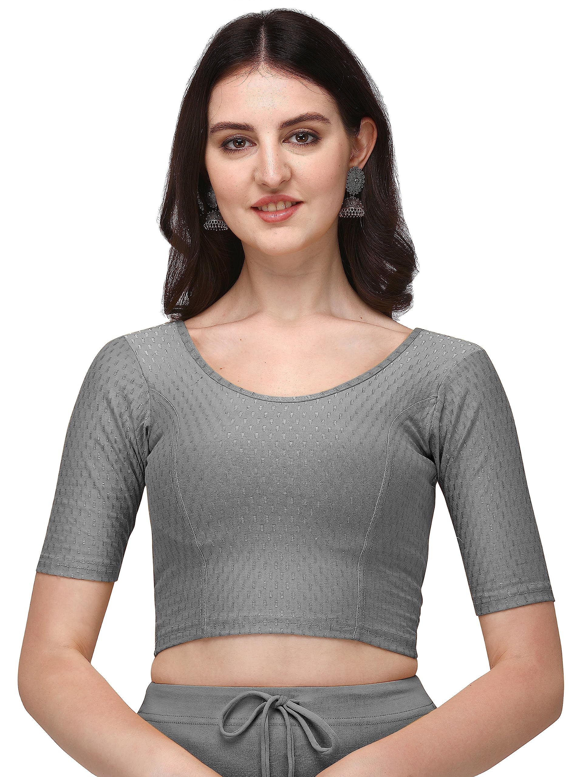 Shiv Textiles Round Neck Dobby Cotton Lycra Stretchable Elbow Sleeve Readymade Saree Blouse For Women Stylish (Greyover Size)