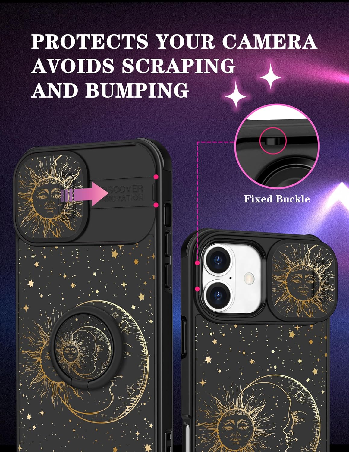 Goocrux for iPhone 16 Plus Case - Women Girls Cute Phone Cover Girly Pretty Fancy Unique Aesthetic Design Slide Camera Cover with Ring Stand Holder Cases for Apple for iPhone 16 Plus,Sun and Moon - Image 3