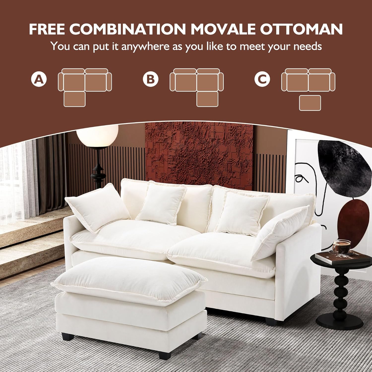 Ihanherry 77" L Shaped Modern Sofa Modular Sectional Cloud Couch with Ottoman, 3-Seat Chenille Deep Seat Sofa with Pillow for Living Room, Bedroom and Apartment, Beige 77 Inch- L Beige
