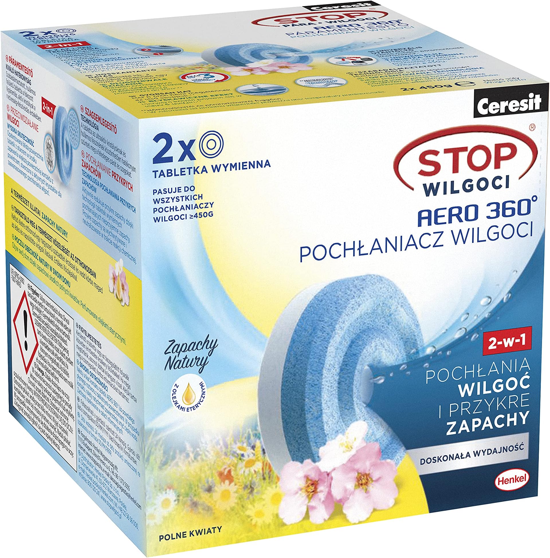 Ceresit Stop Moisture AERO 360° Tablets Wildflowers Moisture Absorber Cartridges Modern Moisture Absorbing Tablets, Absorbent Odor Neutralizer, 2x450g