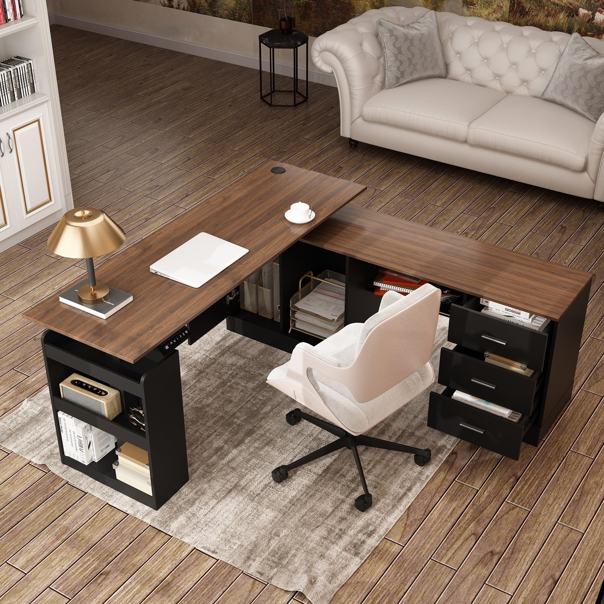 Hitow 63" W Height Adjustable Standing Desk with Drawers & Cabinet, Electric Stand up Desk with Storage, L Shaped Home Office Table Corner Computer