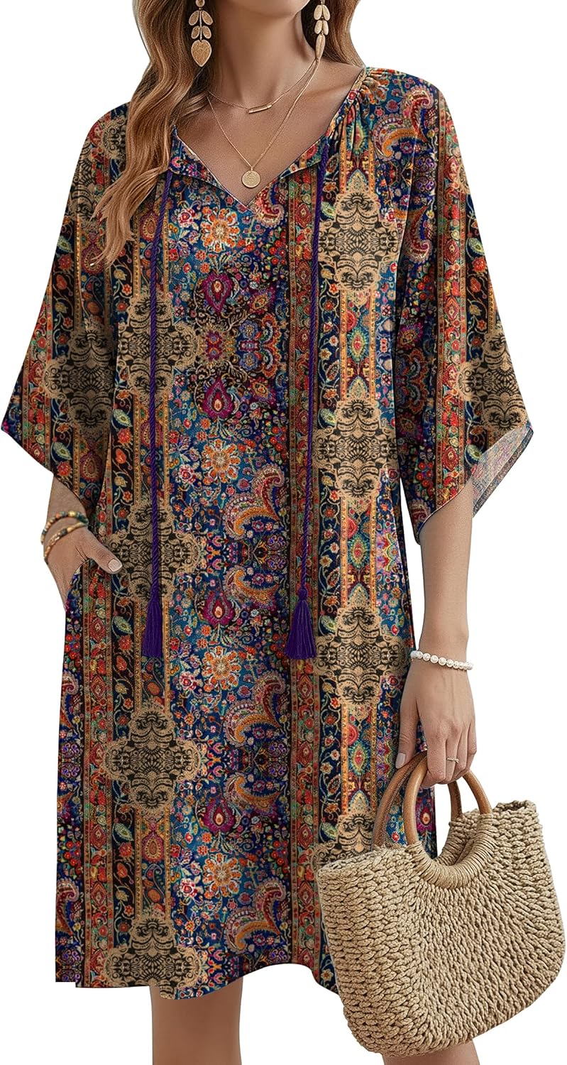 Zeagoo Womens Casual Summer Dress Boho Beach Dresses Tassel Tie Neck 2026 Floral Cover Up Spring 3/4 Sleeve Mini Sundress