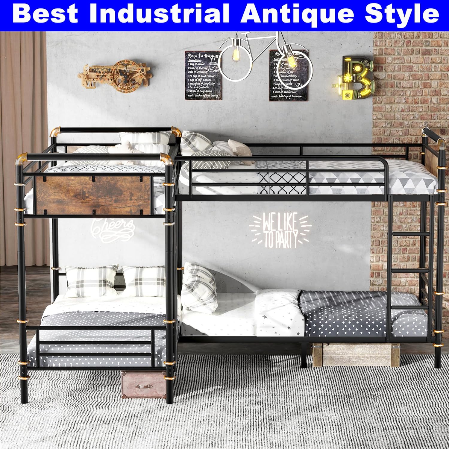 Upgraded Version Heavy Duty Thicken Metal Twin Quad Bunk Bed, Best Industrial Triple Bunk Bed Twin Size for Adults, Convertible into 3 Beds with Wood Board, Water Pipe Design