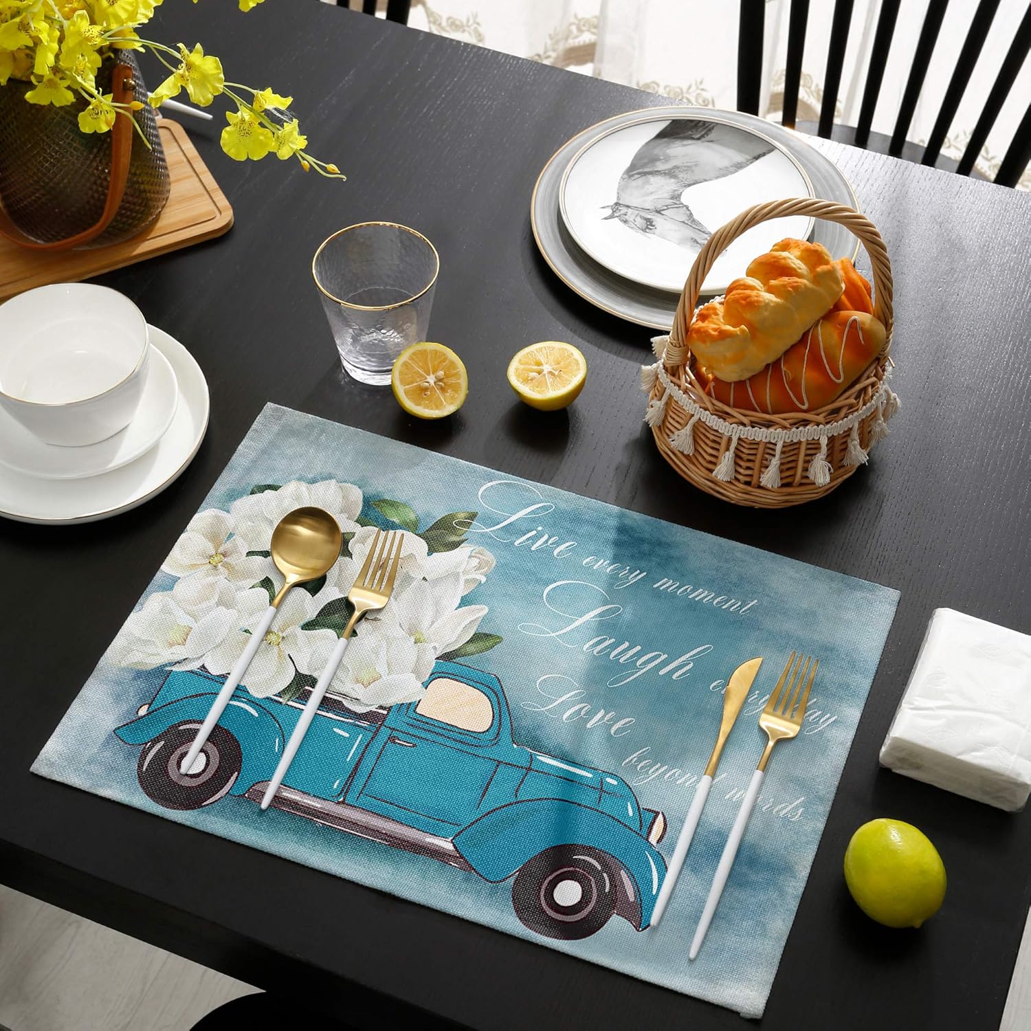 Placemats Set of 6,White Flower Floral Blue Truck Heat-Resistant Placemats for Dining Table,Cotton Linen Non-Slip Place Mats for Holiday Farmhouse Banquet Kitchen Table Decor
