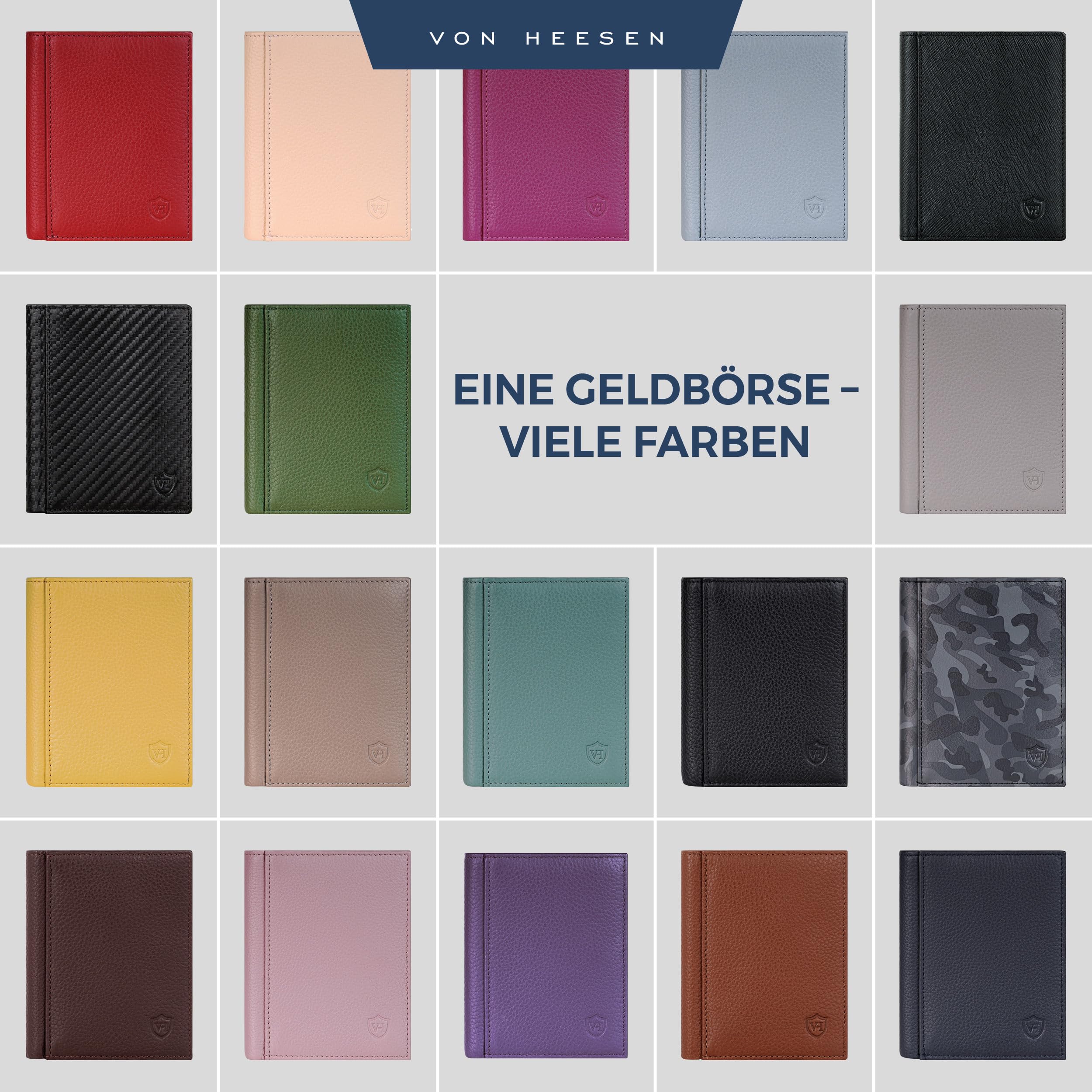 VON HEESEN® Leder Geldbörse mit Münzfach & RFID Schutz Herren & Damen - Echtleder Geldbeutel für Männer & Frauen - Portemonnaie Brieftasche Wallet Portmonee (Camouflage Grau)