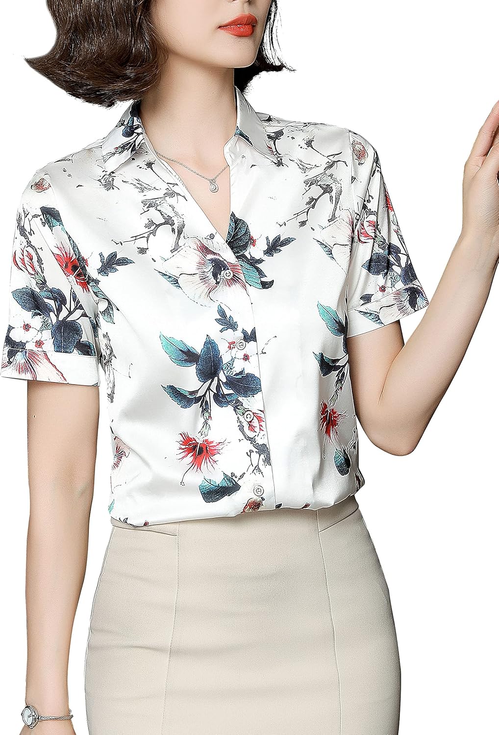 Women's Floral Pattern Blouse Button up Ladies Shirts Casual Tops at