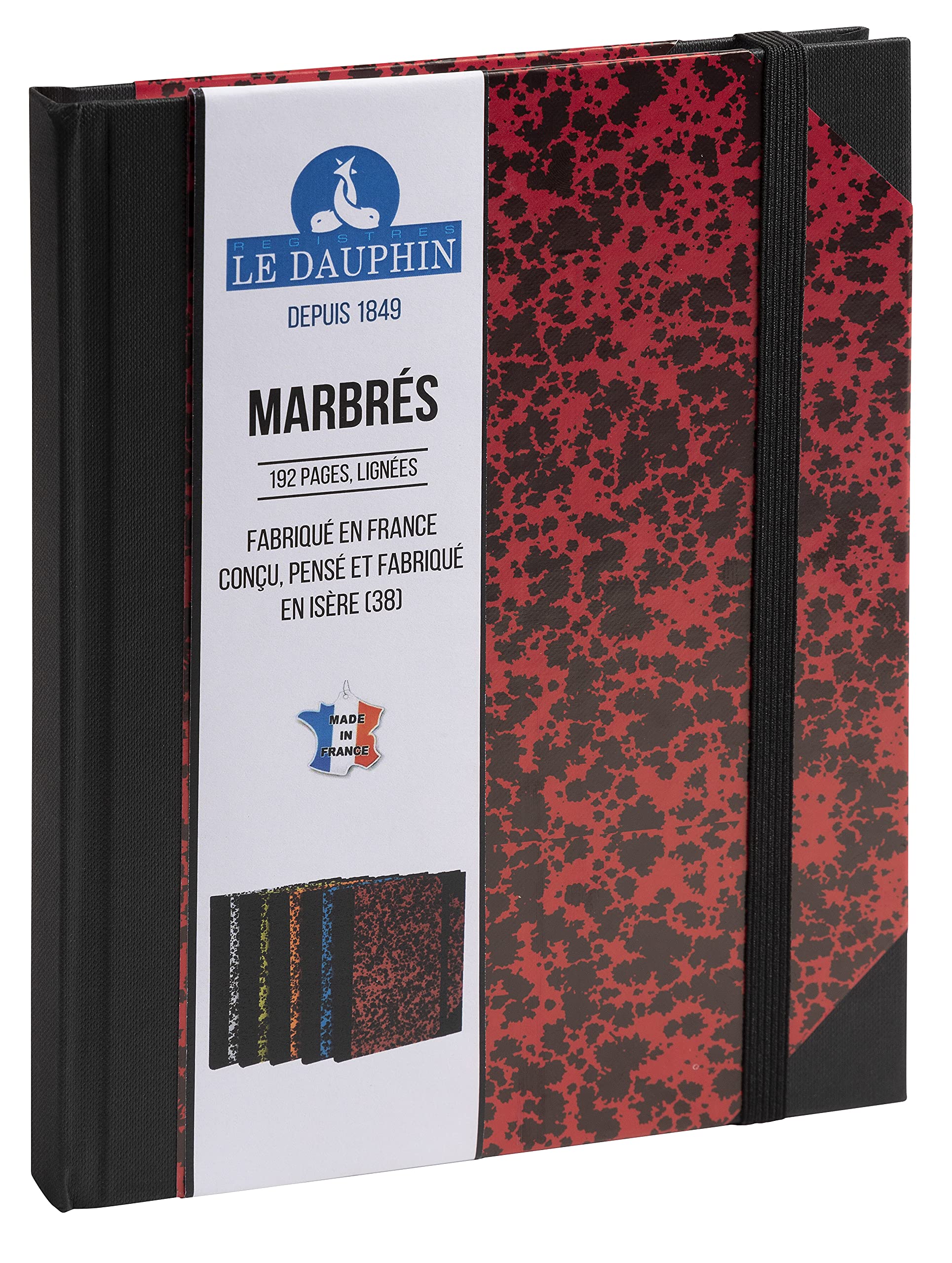 Le Dauphin - Ref. 267205D - 1 notebook - lined interior print - with black elastic closure band - dimensions 22 x 17 cm - vertical format - 192 pages - red marbled cover