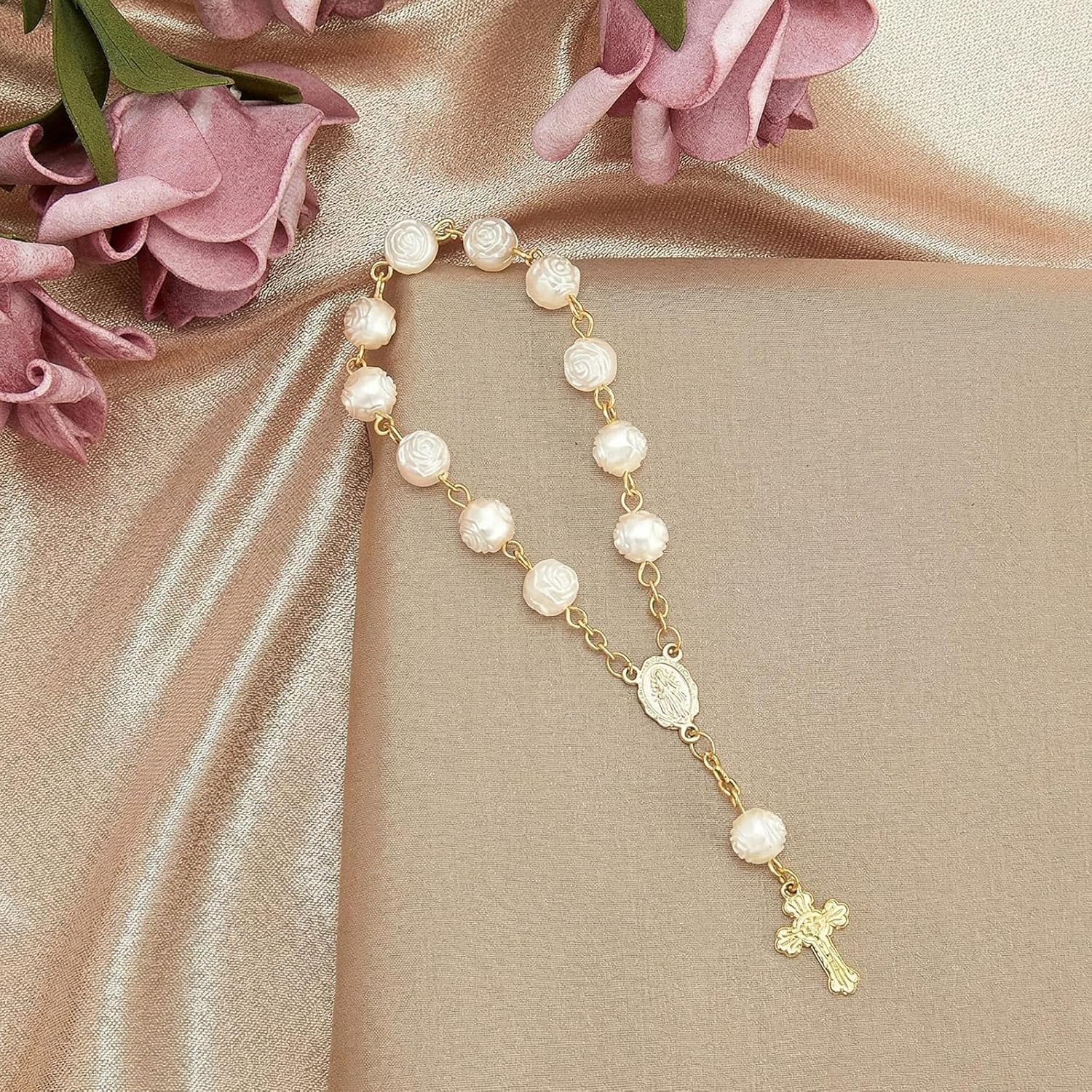 Jadive Mini Rosaries Baptism Rosary Beads Finger Baptism Rosaries Bulk with Organza Bags for First Communion Christening Weddings Party Favors