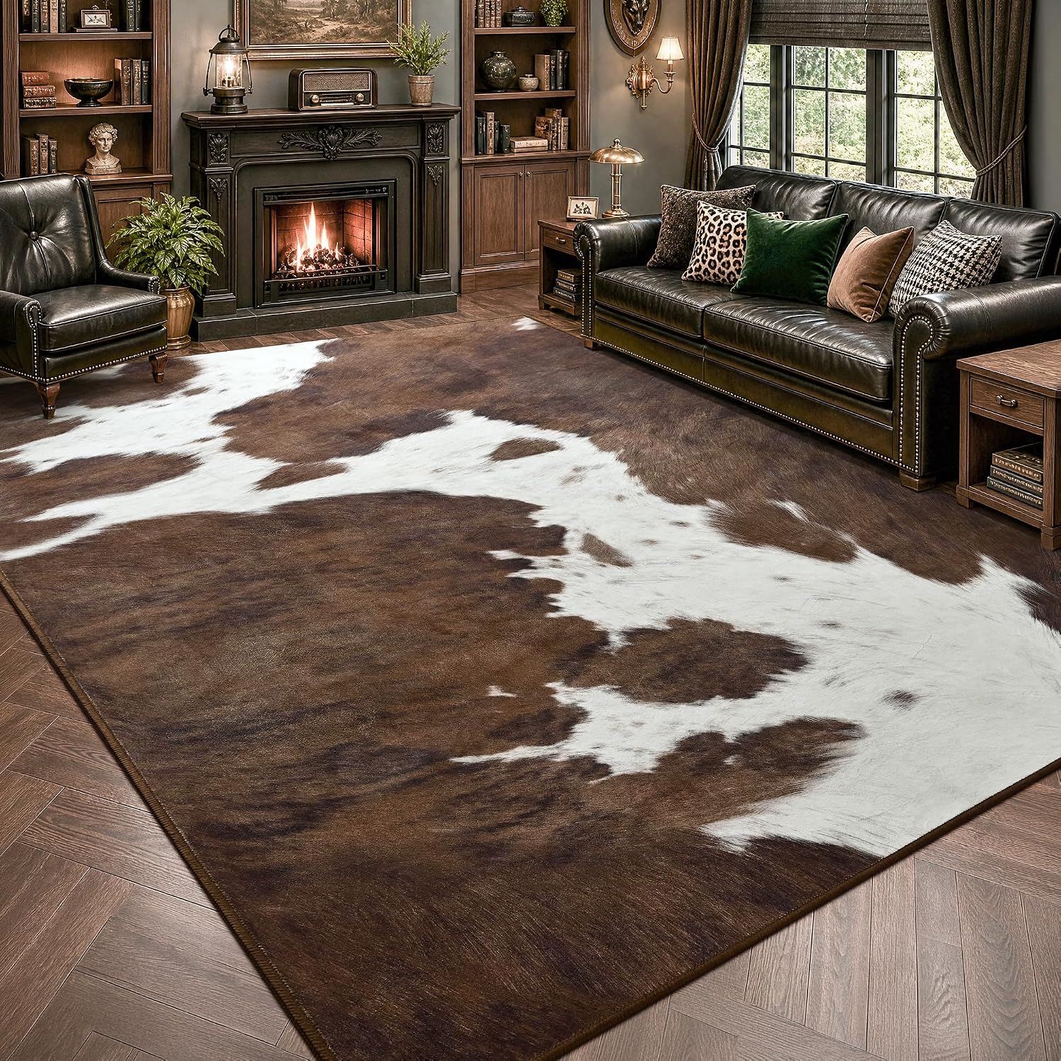 Foxmas Cow Print Rugs for Living Room Bedroom, 8x10 Washable Non-Slip Low Pile Indoor Floor Rug, Carpet for Dining Room Kitchen Office Western Home Decor, Brown