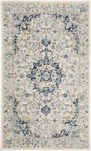 Miniatura 2 de SAFAVIEH Madison Collection - Alfombra decorativa de 3 x 5 pies, color marfil y azul, diseño de medallón bohemio, no desprende pelusa y de fácil