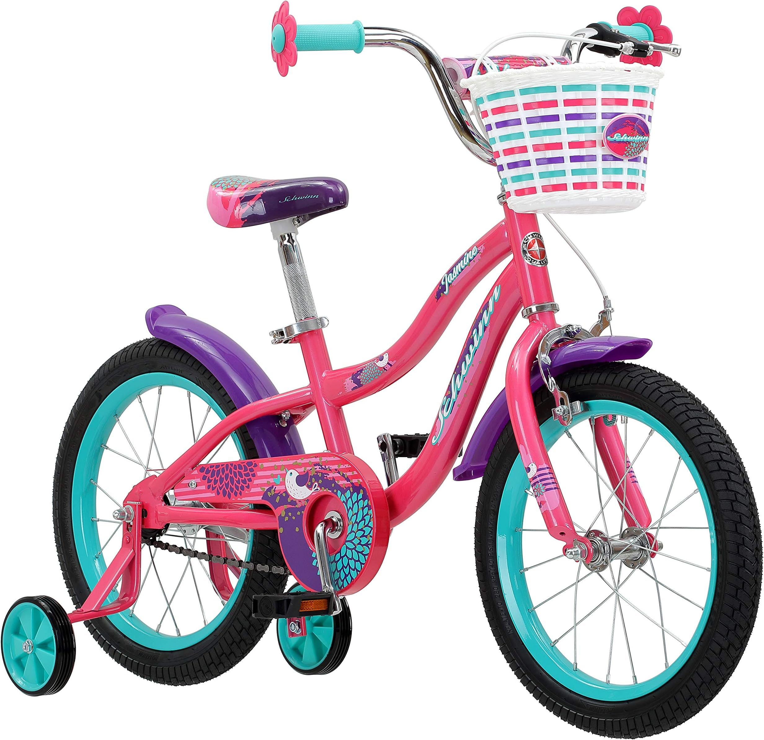 Jasmine Kids Bike with Training Wheels, 16-Inch Wheels, Boys and Girls Ages 3-5 Years Old, Basket, Coaster and Hand Brakes, Perfect for Young Riders