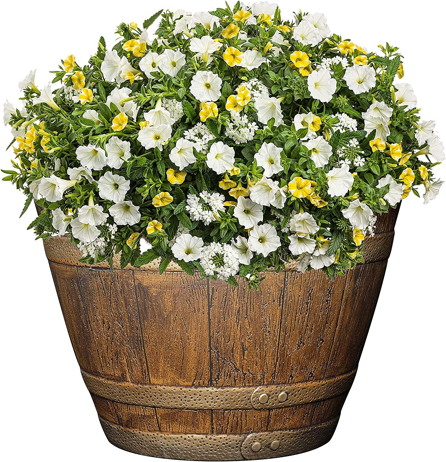 Classic Home & Garden Whiskey Barrel Planter – Resin Pot for Indoor/Outdoor Use, Distressed Oak Brown, 15" (Pack of 1)