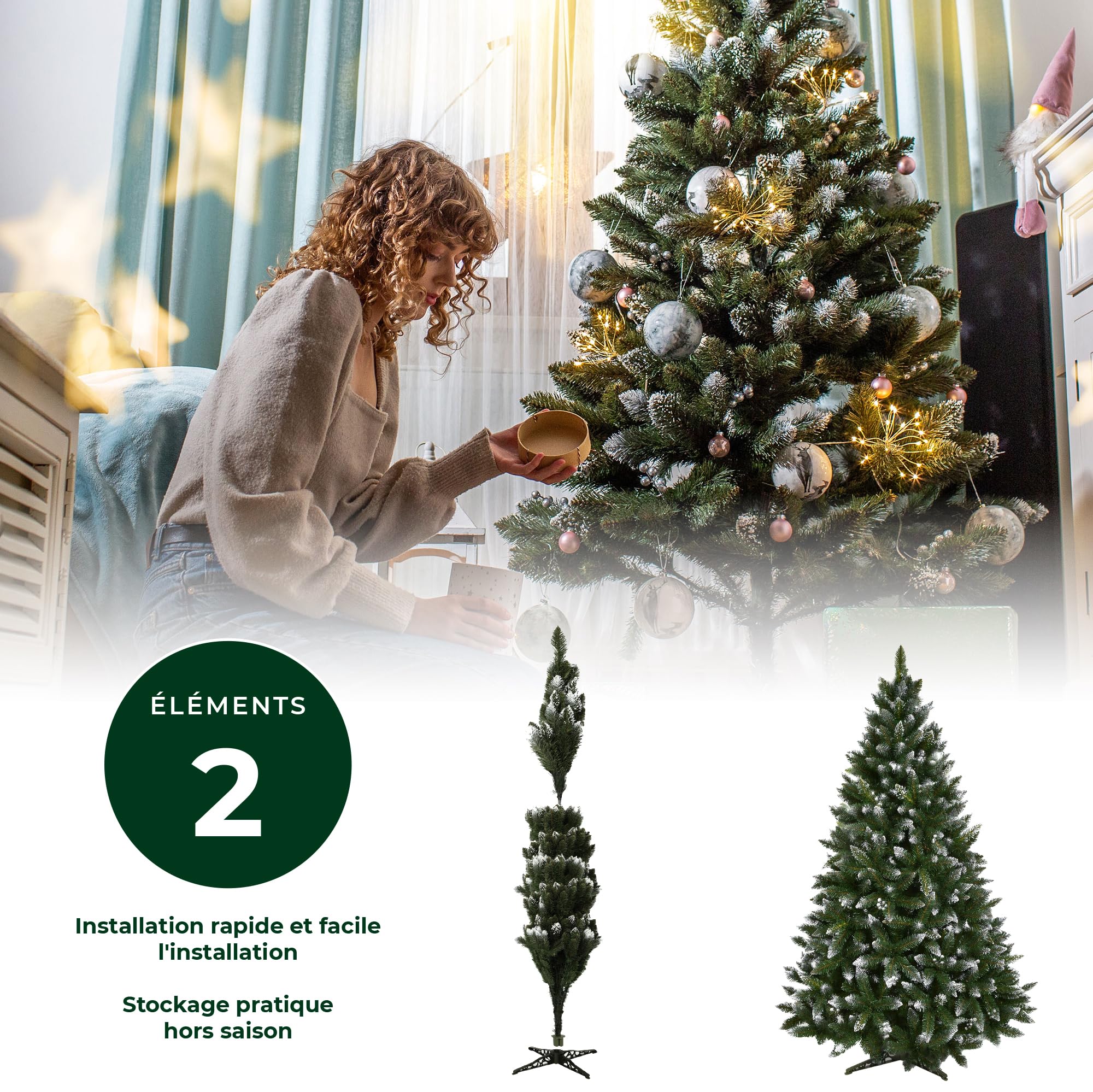 KADAX Pin de Diamant avec Billes argentées et Pneu de Givre, Sapin de Noël 180 en Film PVC, Sapin de Noël Artificiel avec 385 Branches, Sapin avec Support en Plastique Ø env. 110 cm