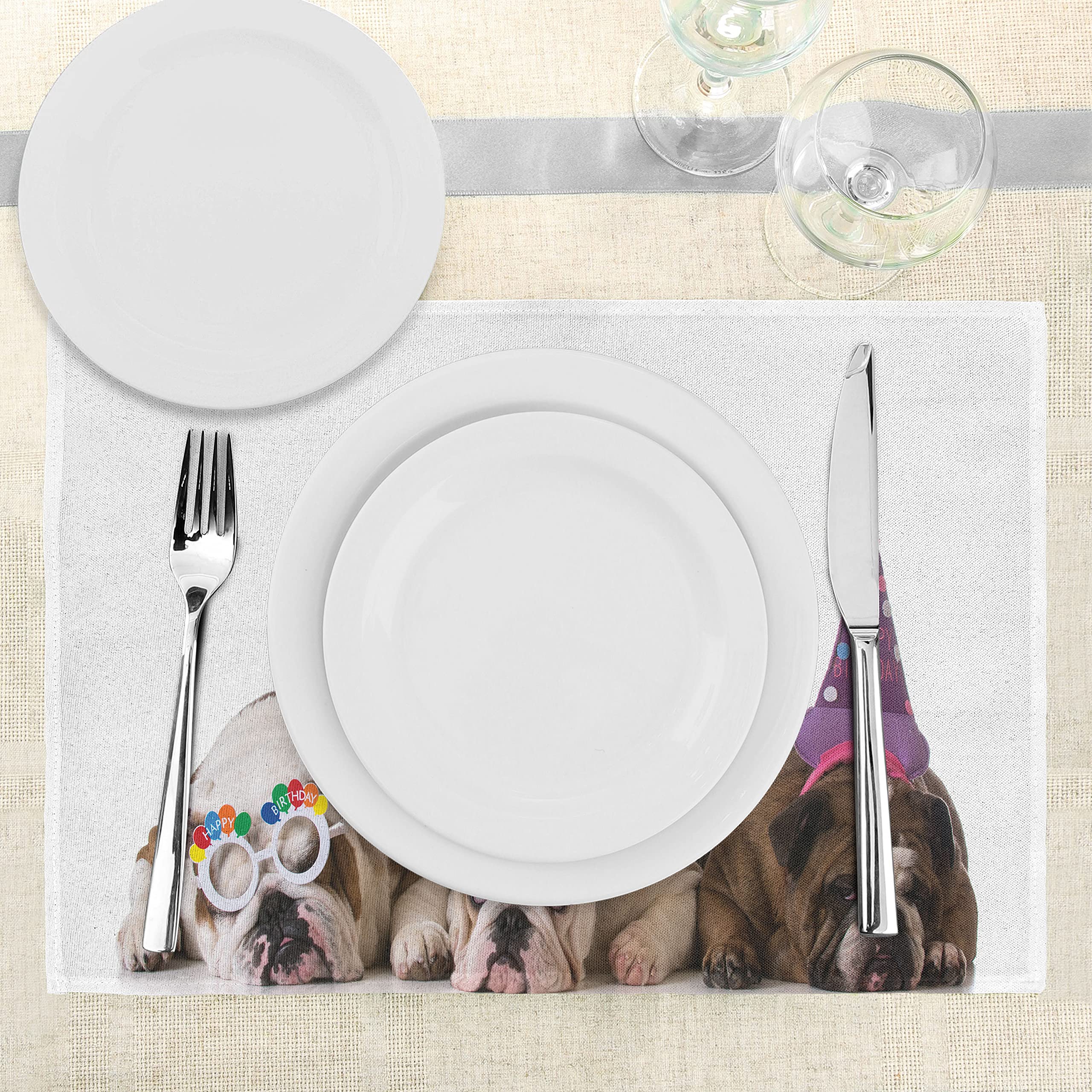 ABAKUHAUS Bulldog Inglese Tovaglietta Americana Set di 4, Padre e Figlio, Tovagliette in Tessuto Lavabile per Tavolo da Pranzo Cena, Marrone Bianco Nero