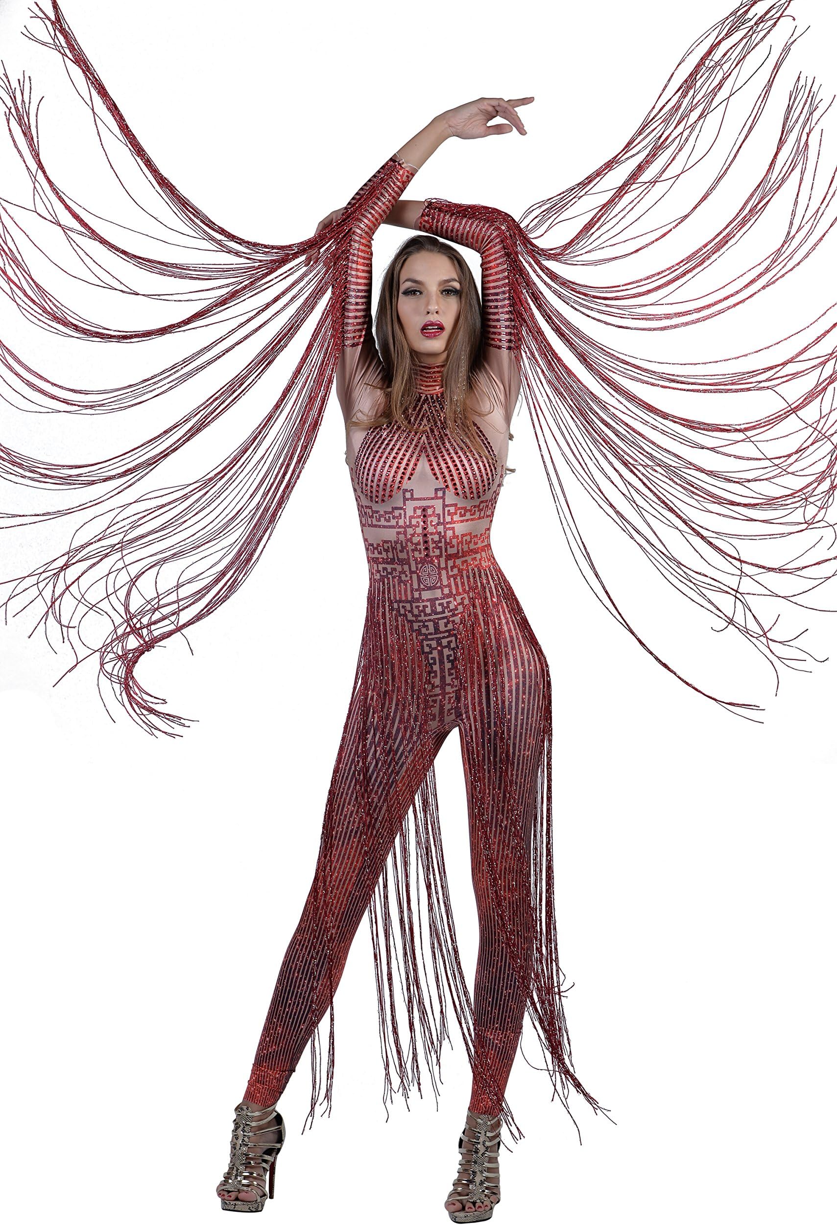 Red 3D Print Crystallised Bodycon Drag Queen Romper Catsuit Jumpsuit with Arm Tassels Fringe one Size