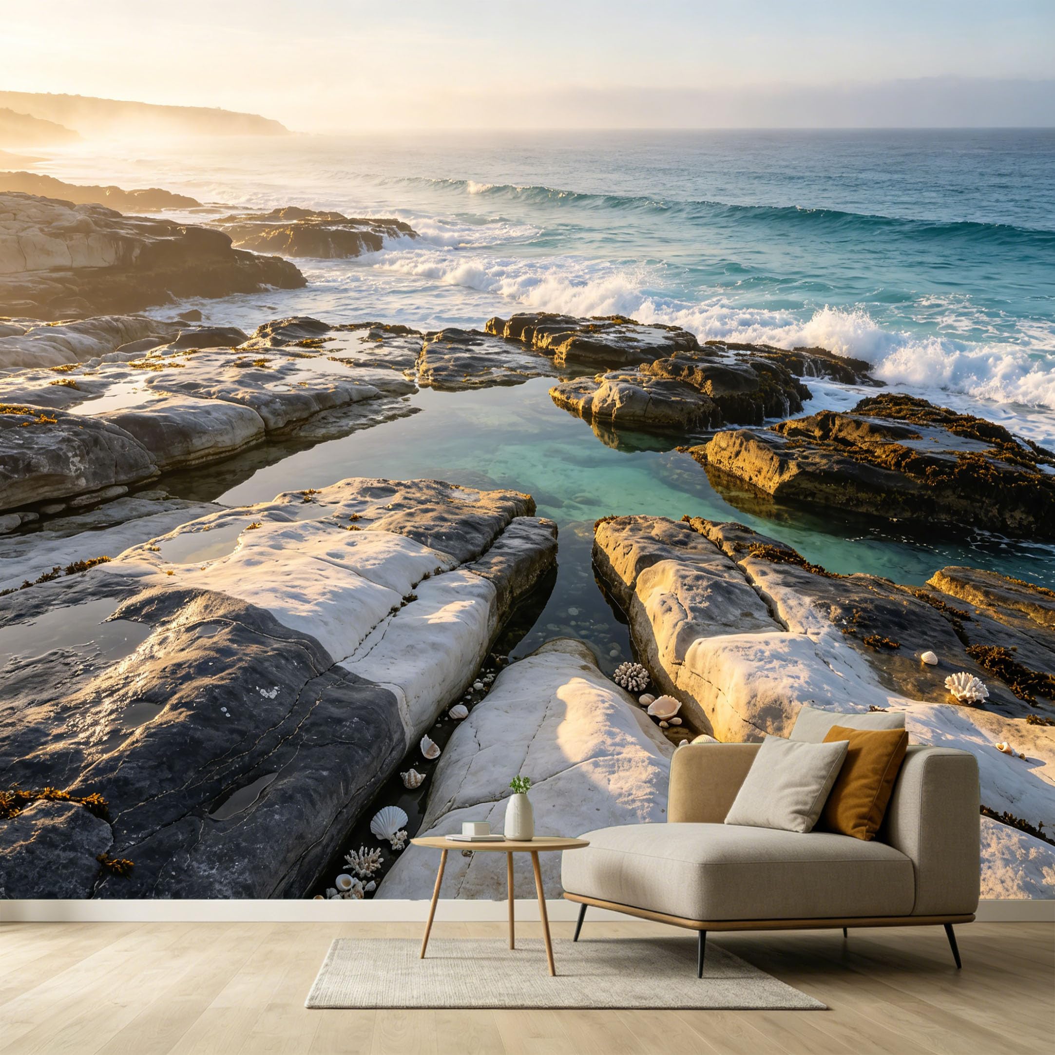 Custom Size Wall Murals Coastal Ocean Marine Landscape Sunrise Waves Rocks Shells SelfAdhesive Wall Fabric Removable Large Wallpaper for Photo Living Room