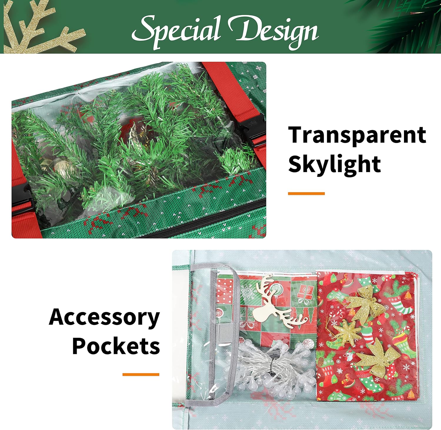 Rolling Large Christmas Tree Storage Bag,Fits Up to 9 ft. Tall Disassembled Holiday Trees,21" H X 15" W X 60" L,Artificial Xmas Tree Box Storage Container with Ornament Storage Bag 2 Pack(Green)
