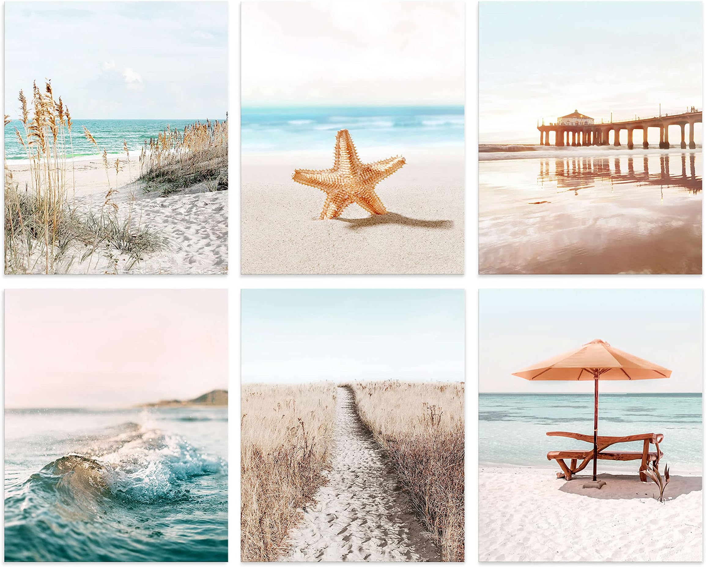 Coastal Prints Wall Art Beach Pictures Set of 6 Aesthetic Seaside Artwork Starfish Sand Boardwalk Ocean Wave Posters for Home Decor Unframed 8x10 Inch