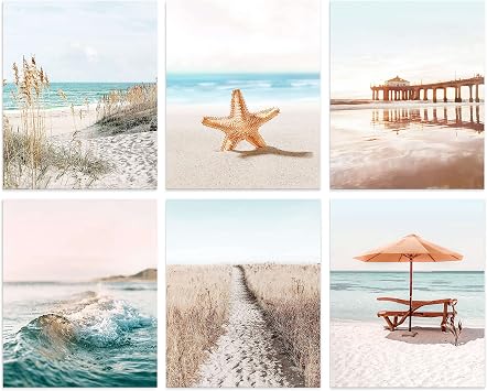 Coastal Prints Wall Art Beach Pictures Set of 6 Aesthetic Seaside Artwork Starfish Sand Boardwalk Ocean Wave Posters for Home Decor Unframed 8x10 Inch