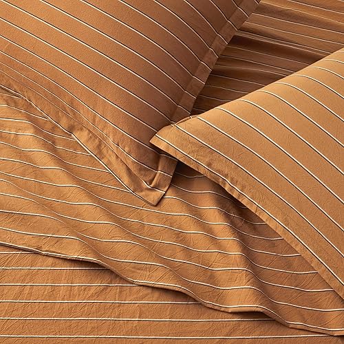 Miniatura 4 de Eikei Juego de sábanas bajeras de algodón lavado a rayas retro, estilo casual de mediados de siglo, estilo moderno a rayas, relajado, tacto suave,