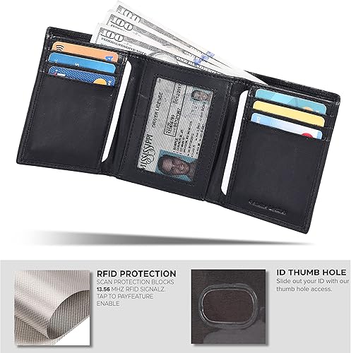 Miniatura 6 de Billetera de cuero triple para hombre con RFID Carteras delgadas para hombres con 1 identificación y 6 ranuras para tarjetas de crédito Bolsillo