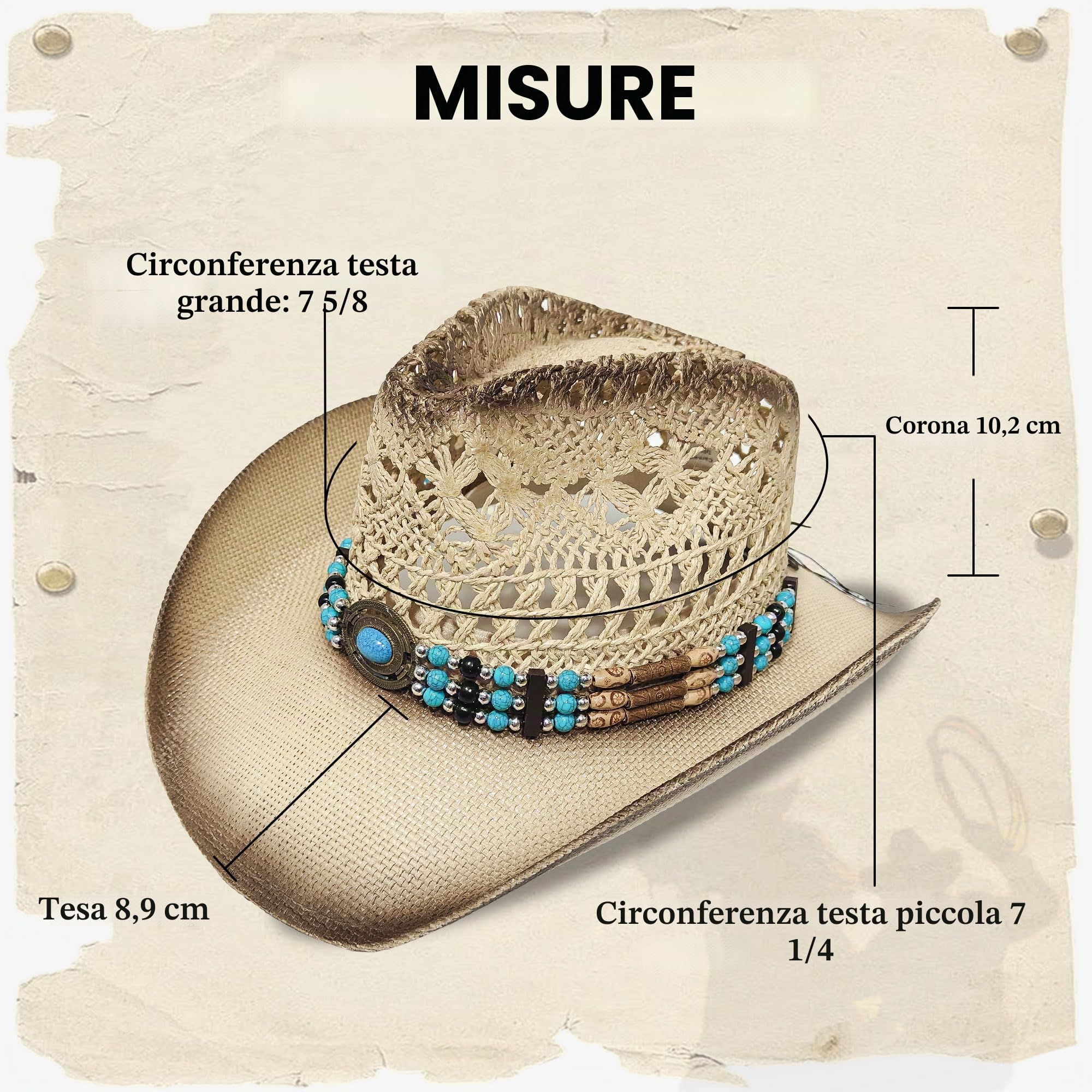 Wildarms Cappello da cowboy in paglia occidentale, traspirante, cappello estivo a trama aperta, per esterni, rodeo e festival