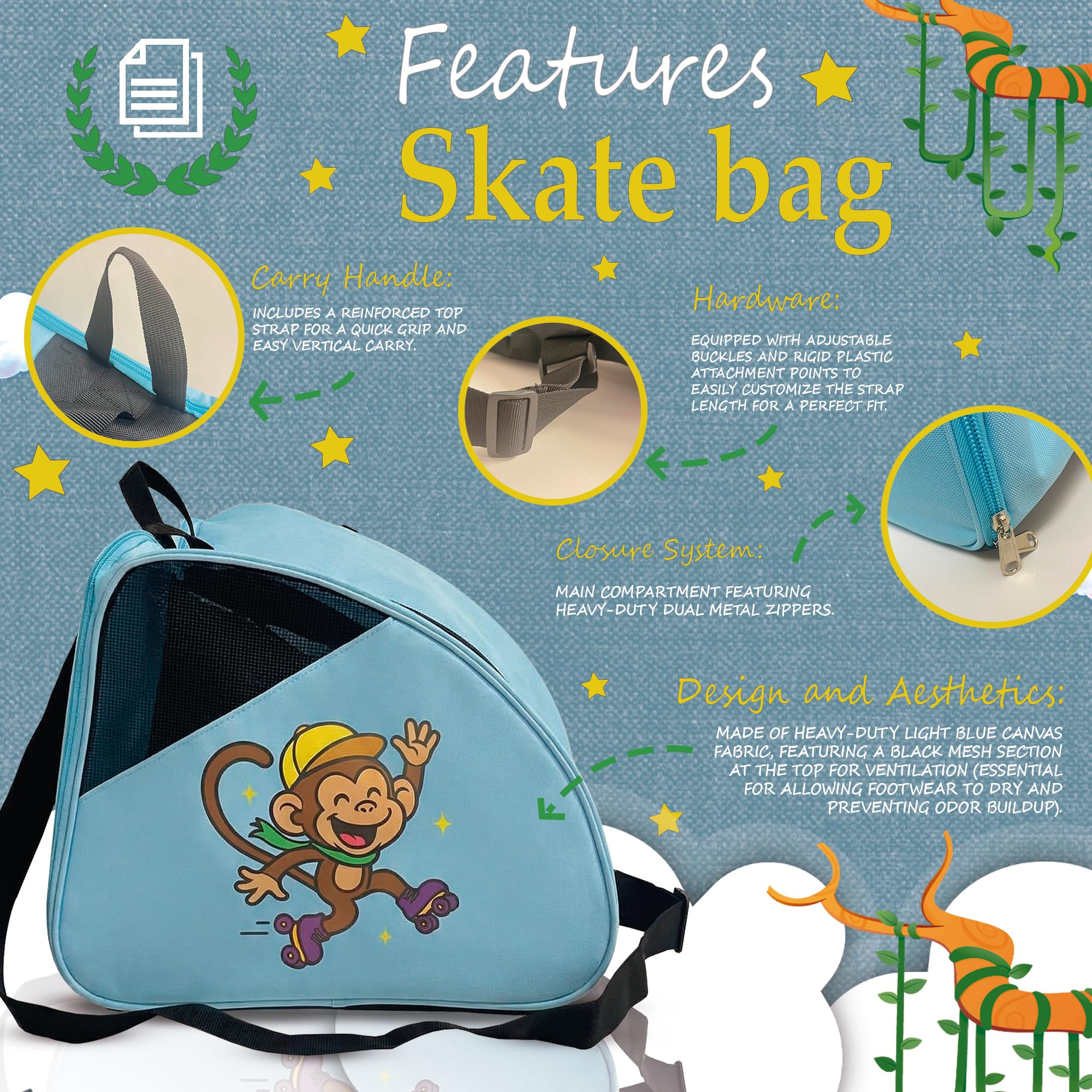 DOJA Barcelona Bolsa para Patines para Niños - Azul Mono - Correa Ajustable y Acolchada, Mochila Patines, Buena Capacidad para Equipamiento y Calcetines, Bolsa Niña y Niño, Material Resistente