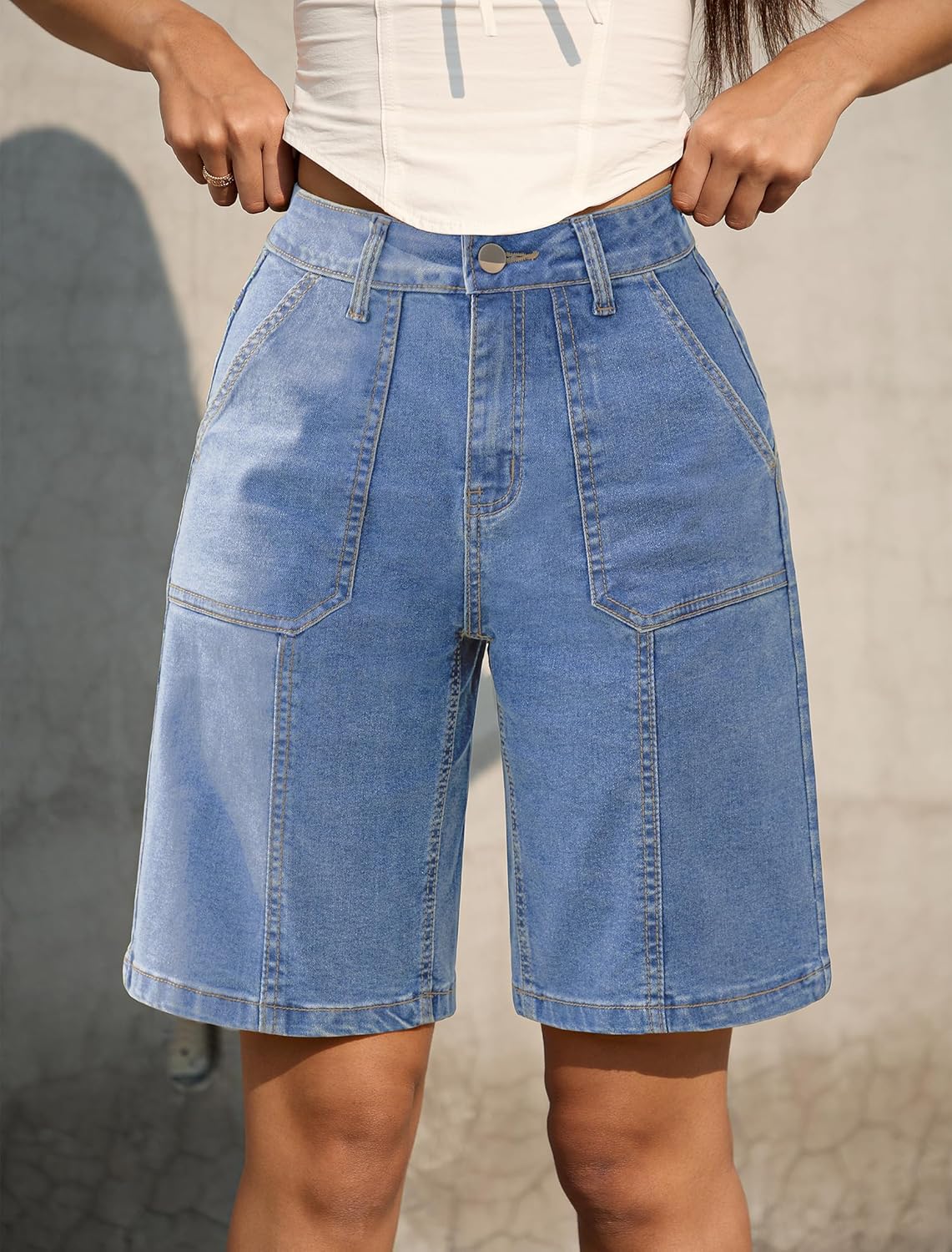 IWD Bermuda Denim Shorts for Women Knee Length 4 Pockets Long Jean Shorts Elastic High Waist Summer Jorts - Image 3