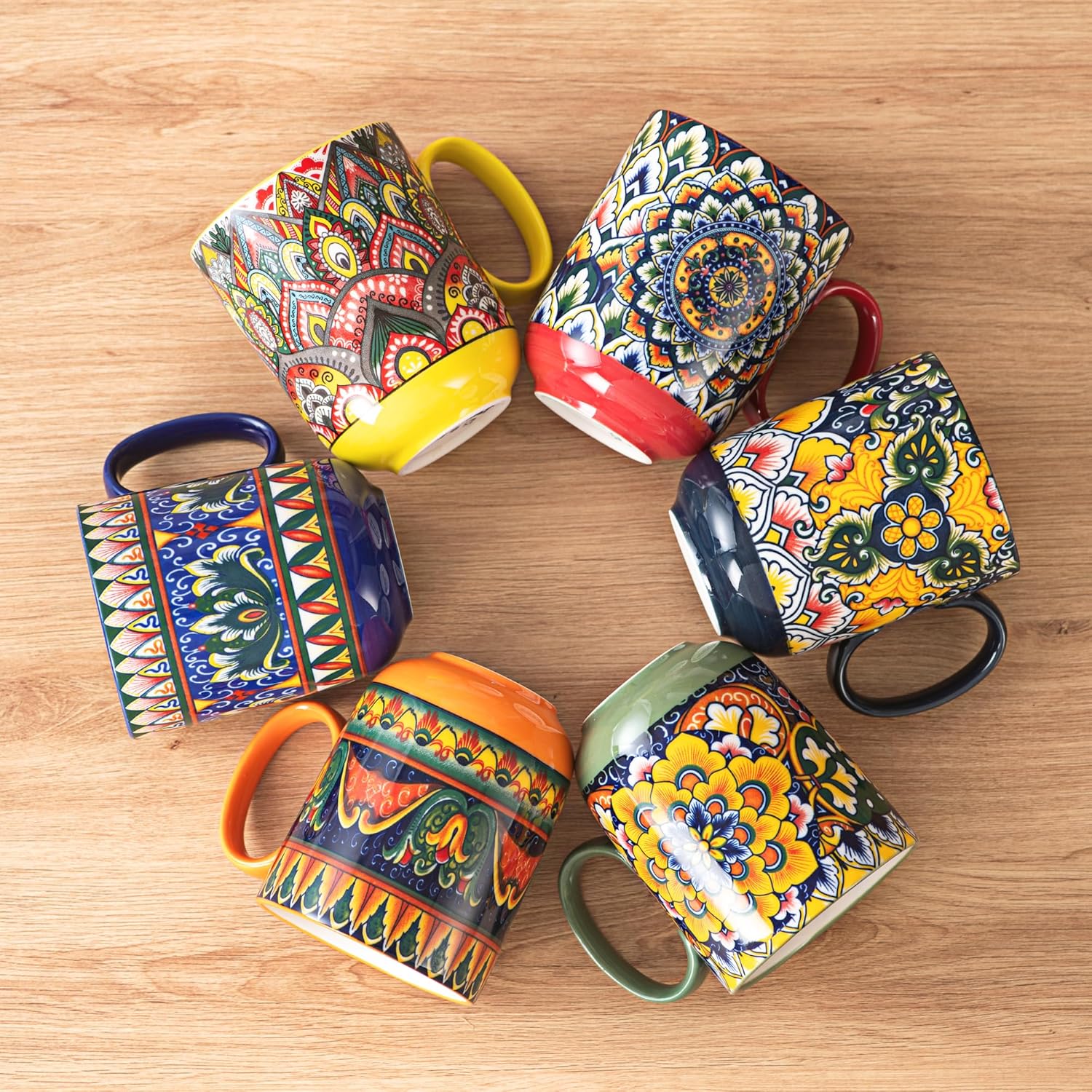 Henten Home Porcelain Coffee Mug Set of 6, 14 oz Colorful Latte Cup with Handle, Boho Ceramic Mug for Hot Chocolate, Milk, Tea, Cappuccino, Cocoa, Microwave & Dishwasher Safe - Image 6